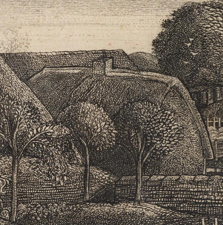 Lammas, 1926 - Paisaje rural al aguafuerte, con árboles, casa, jardines y figuras en venta 1