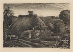 Lammas, 1926 - Acquaforte di paesaggio rurale con alberi, casa, giardini e figure