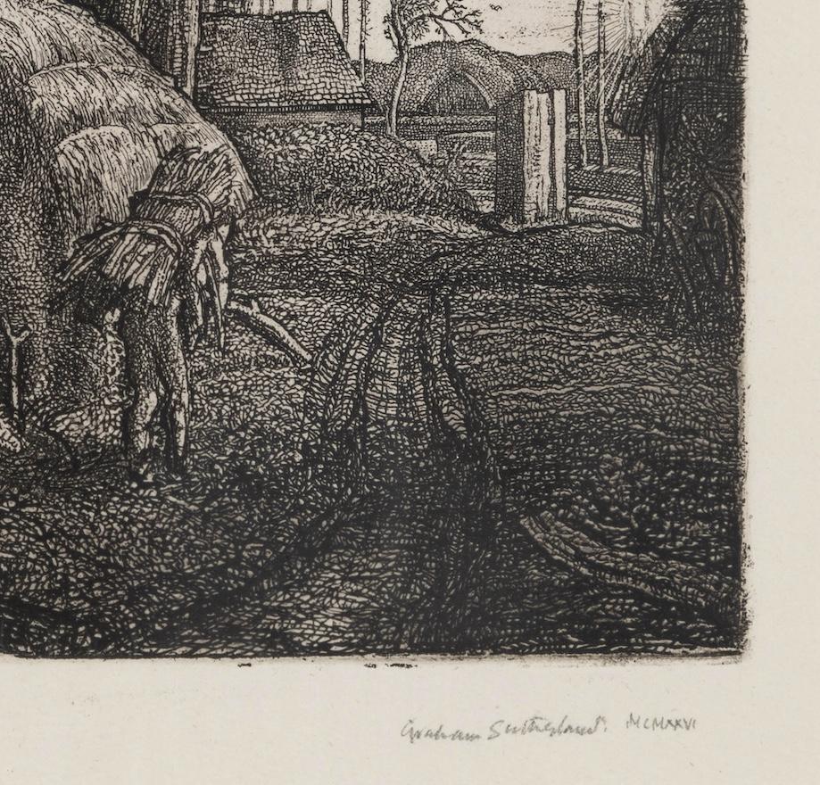 Pecken Wood, 1925 - Acquaforte di paesaggio rurale con agricoltura, alberi e campagna - Landscape Print Nero di Graham Sutherland