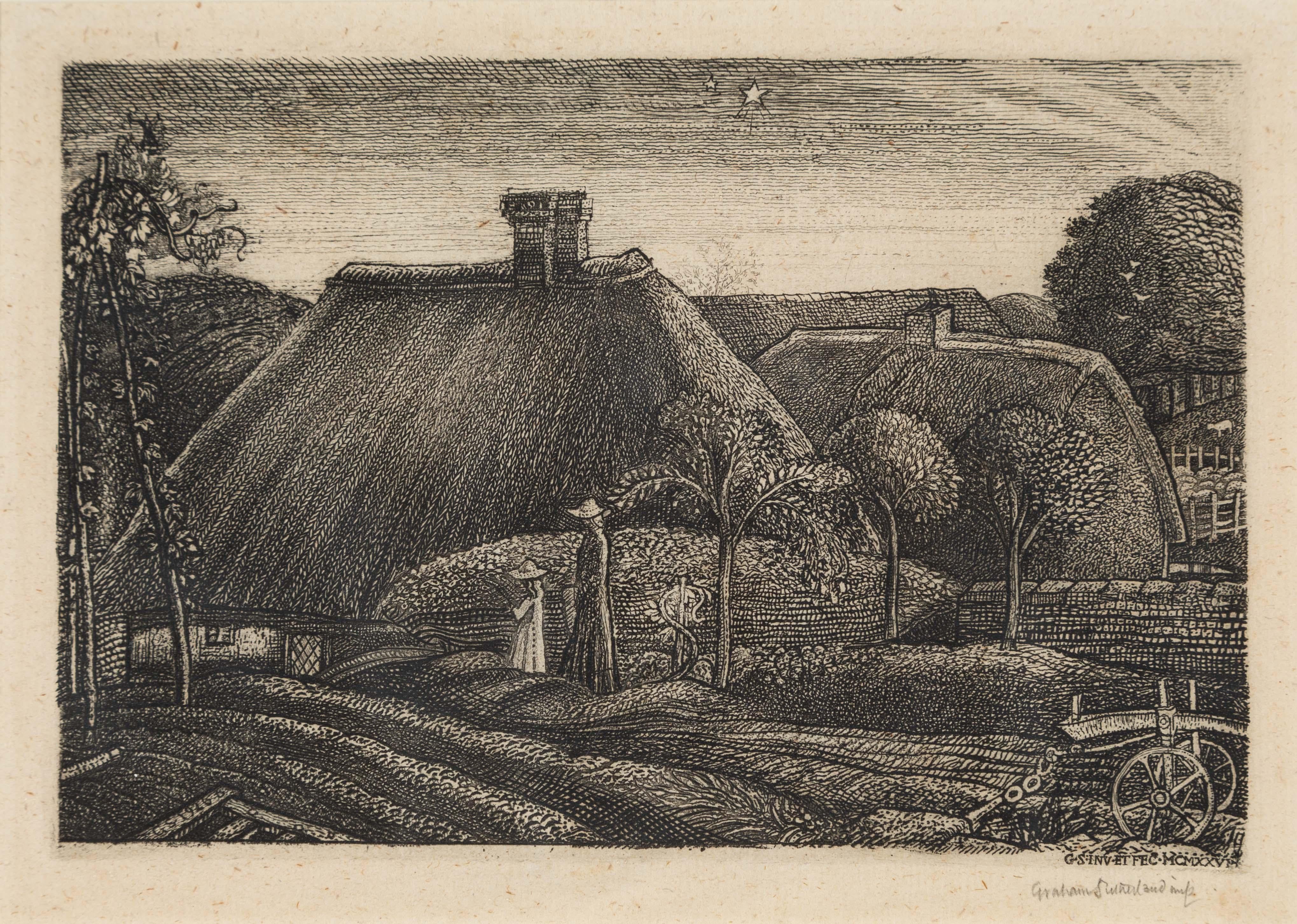 Landscape Print di Graham Sutherland - Pecken Wood, 1925 - Acquaforte di paesaggio rurale con agricoltura, alberi e campagna