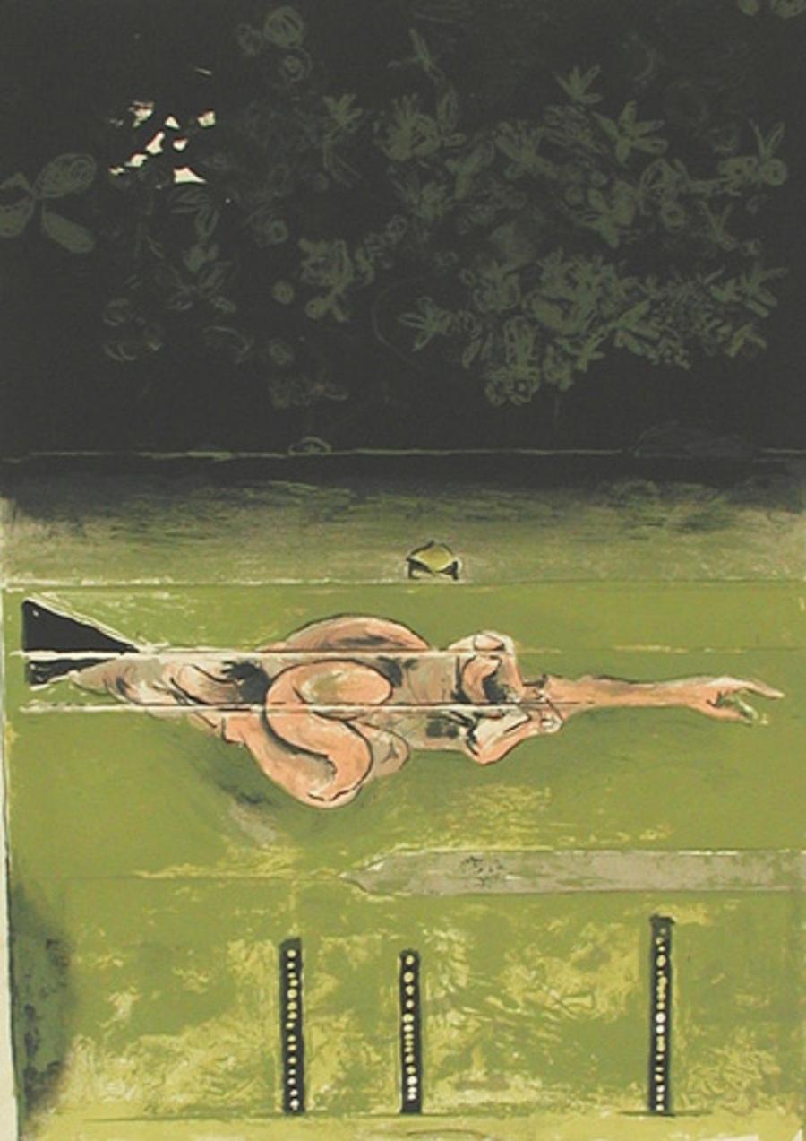 The Swimmer is a color lithograph realized by Graham Sutherland in 1973.

Edition 61 of 75 prints. 

Dimensions: cm 73 x 52. In very good conditions.

The print is a reproduction of a swimmer in green waters. 

Original creation by the English