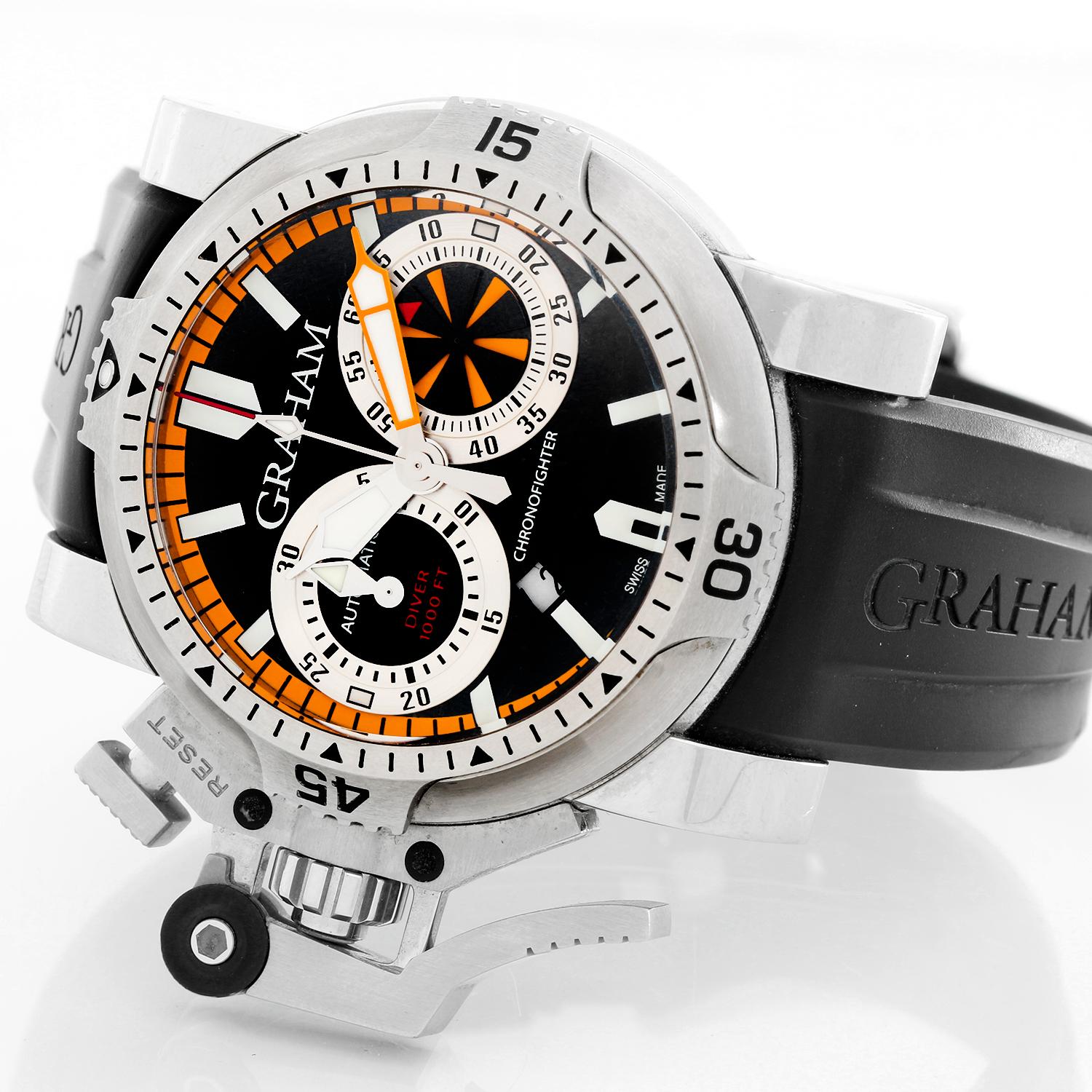 Graham Turbo Diver Chronograph Stainless Steel Men's Watch 2OVES.B15A - Automatic winding chronograph. Stainless steel case ( 47 MM ). Black stick dial with orange accents; functions include hours, minutes, small seconds, date and chronograph. Black