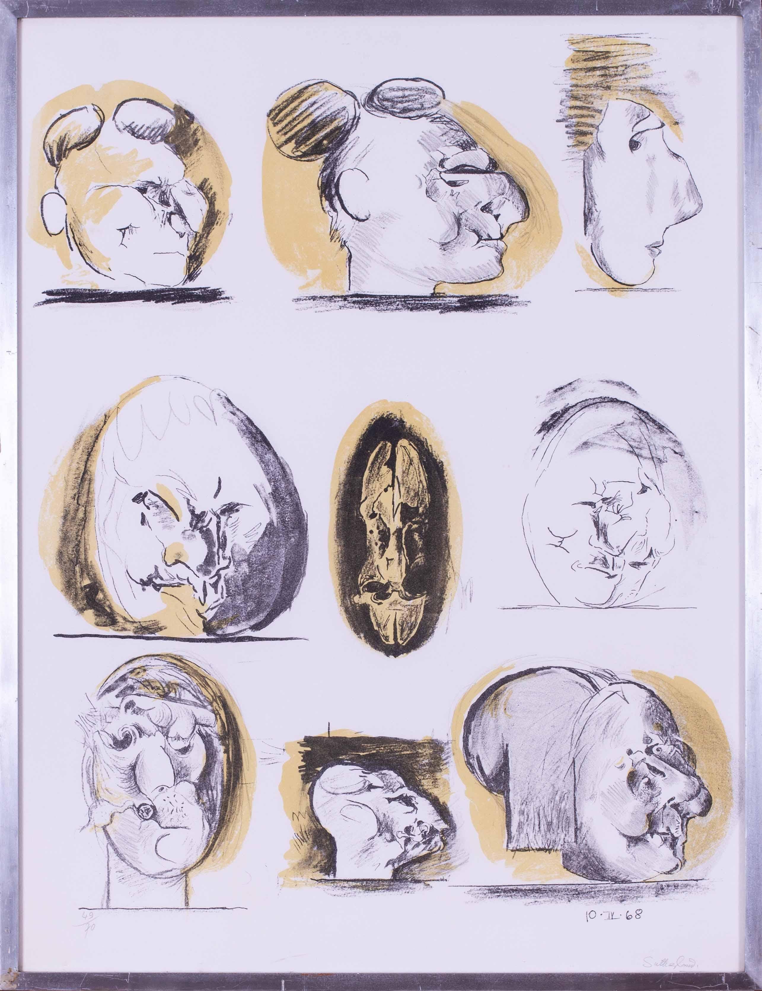 Graham Vivian Sutherland Abstract Print - Limited edition colour lithograph by Graham Sutherland 'Sheet of studies, heads'