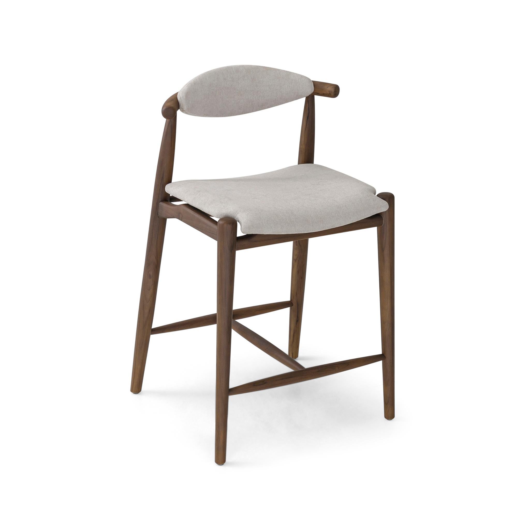 Brazilian Counter Height Stool in Walnut Finish with Beige Fabric, Grain Collection For Sale
