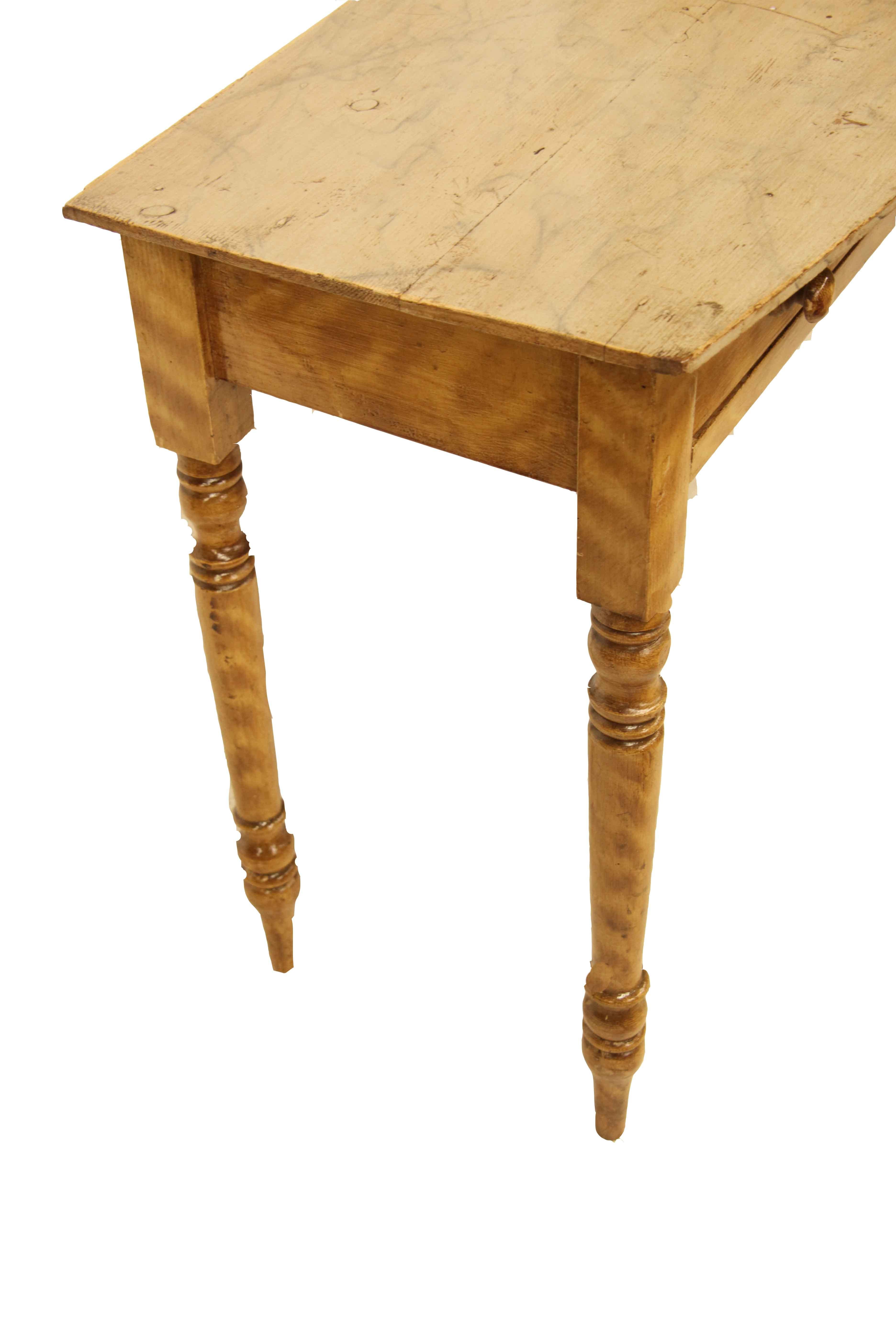 Grain painted end table, the bow front top is painted to simulate white marble, the rest of the table is painted to simulate flame birch. The wood knobs are original to the drawer, The legs have good proportions and pleasant turnings.