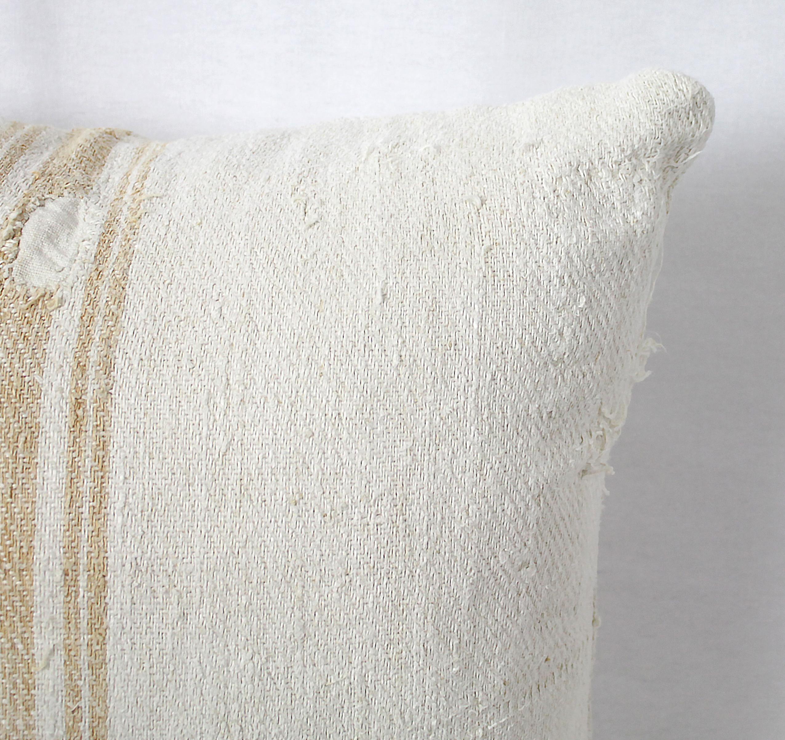 Grain Sack Pillow with Light Orange Vertical Stripe In Fair Condition In Brea, CA