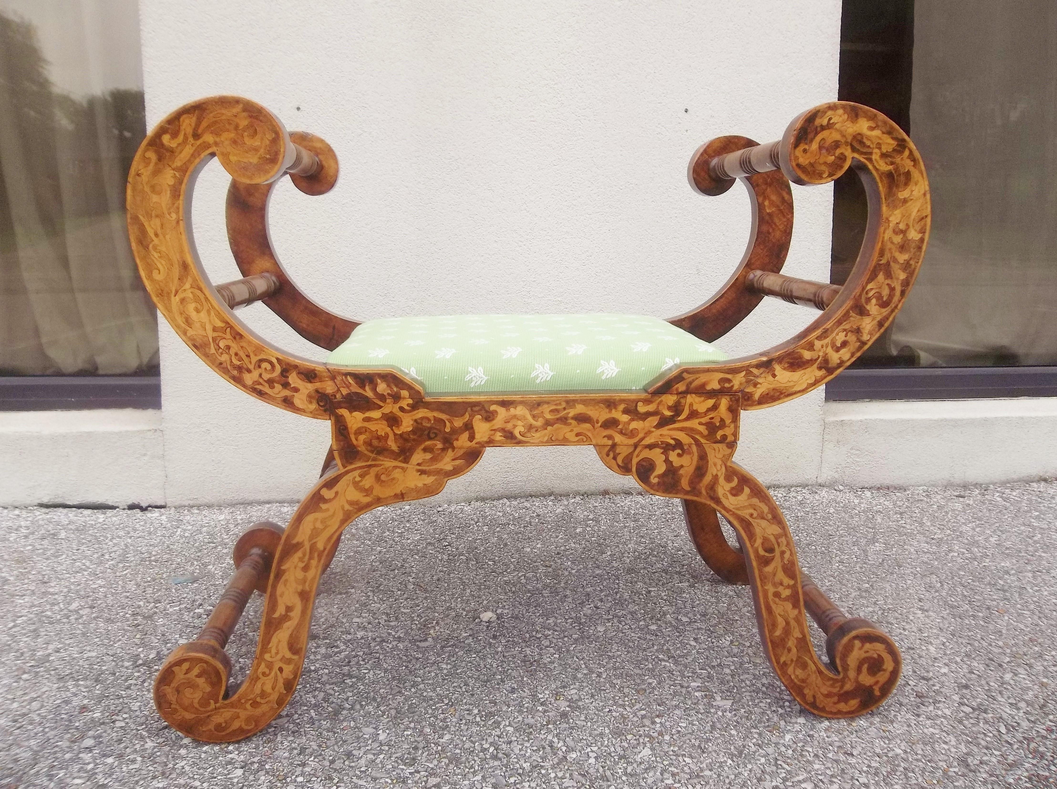 20th Century Grained English Regency Style Curule Form Window Seat or Bench