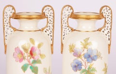 Grainger Worcester Pair Floral Painted Twin Handled Vases