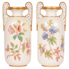 Grainger Worcester Pair Floral Painted Twin Handled Vases 
