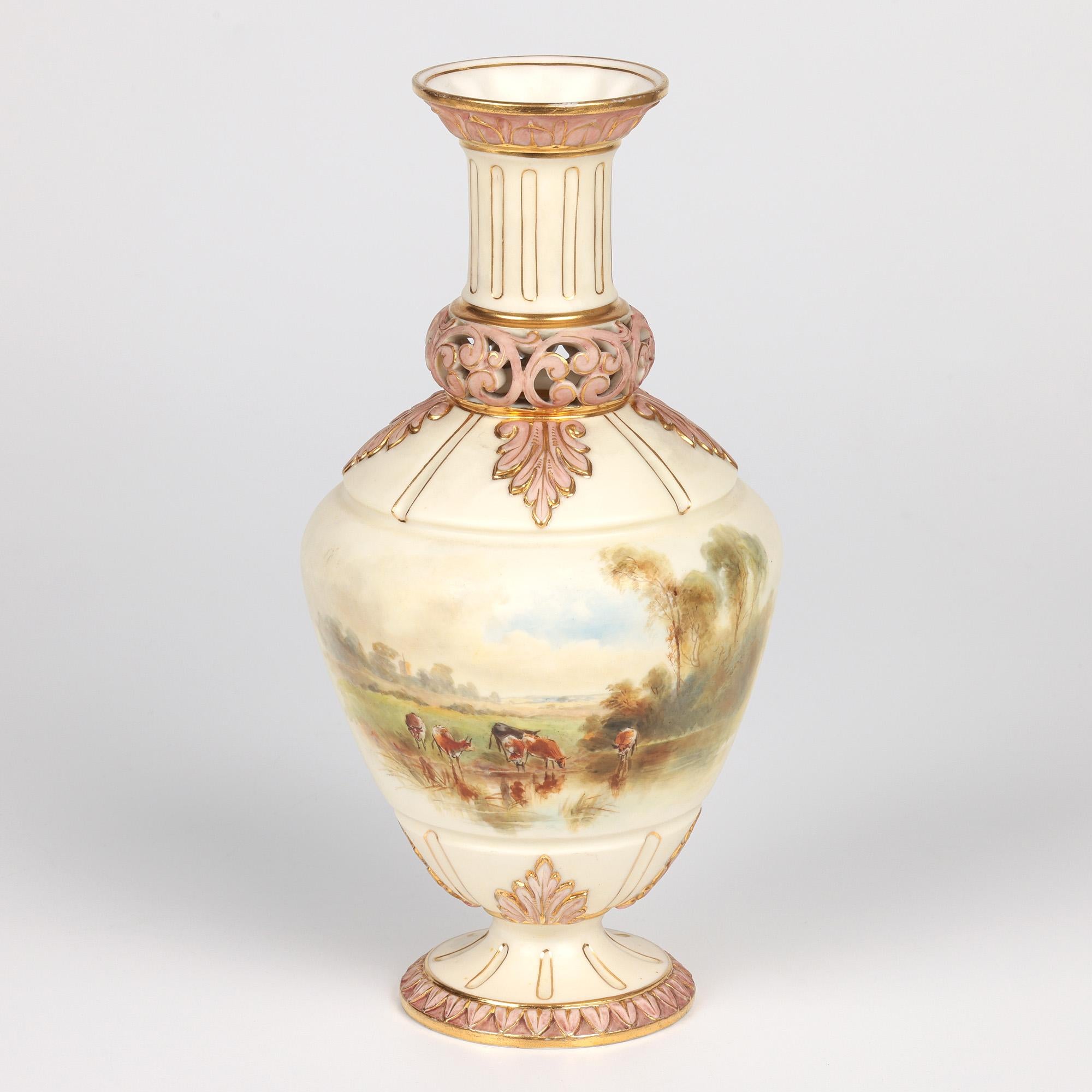 Vaso per bestiame da pascolo in porcellana di Grainger Worcester dipinto a mano in vendita 3
