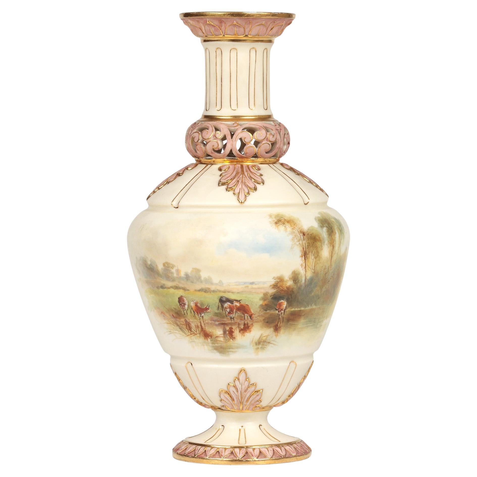 Vaso per bestiame da pascolo in porcellana di Grainger Worcester dipinto a mano