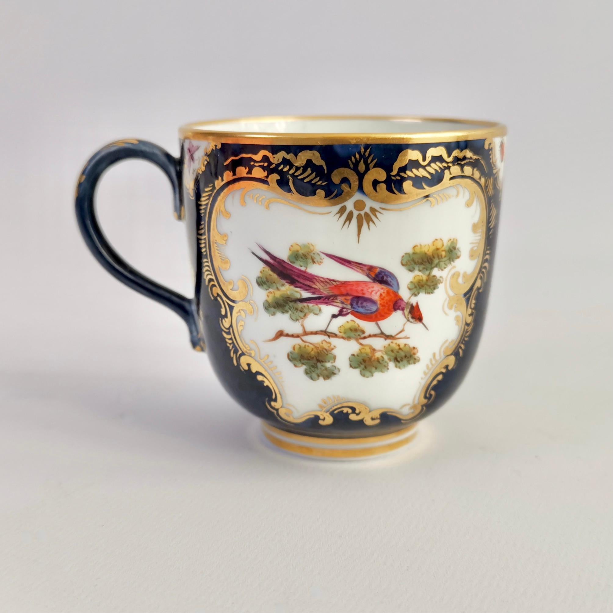 George III Grainger Worcester Porcelain Orphaned Coffee Cup, Blue Scale, Sèvres Birds, 1886