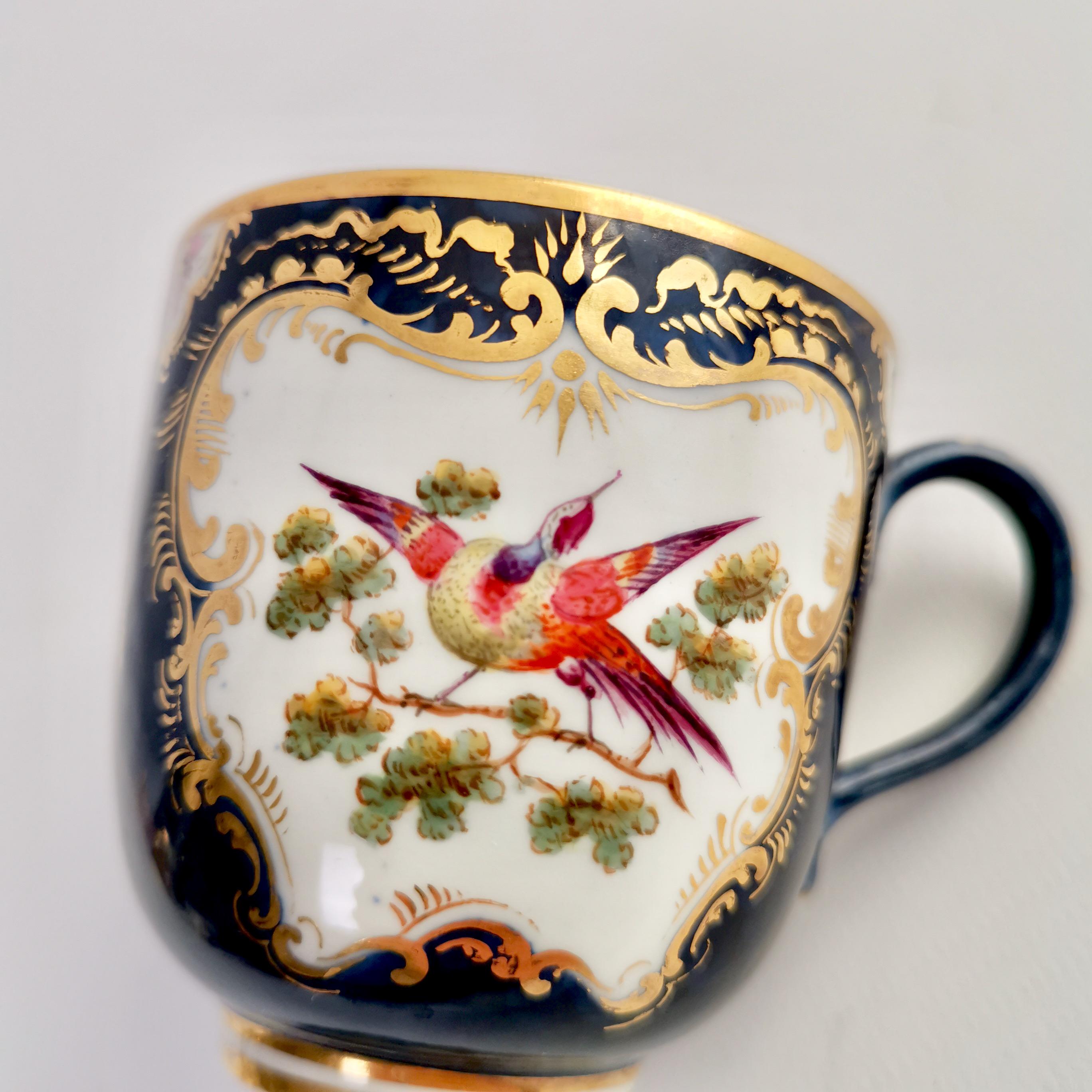 English Grainger Worcester Porcelain Orphaned Coffee Cup, Blue Scale, Sèvres Birds, 1886