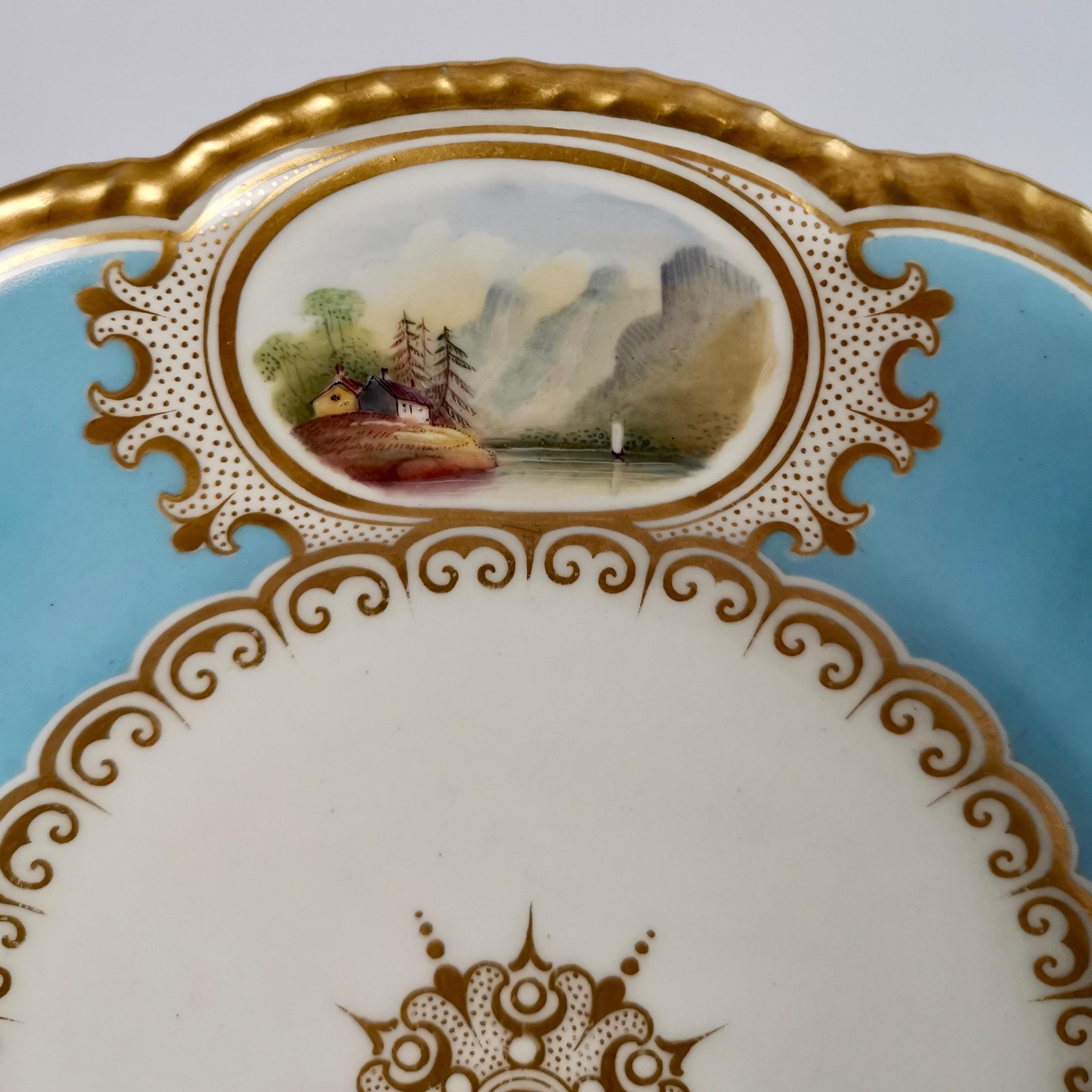English Grainger Worcester Porcelain Plate, Sky Blue with Landscapes, Victorian