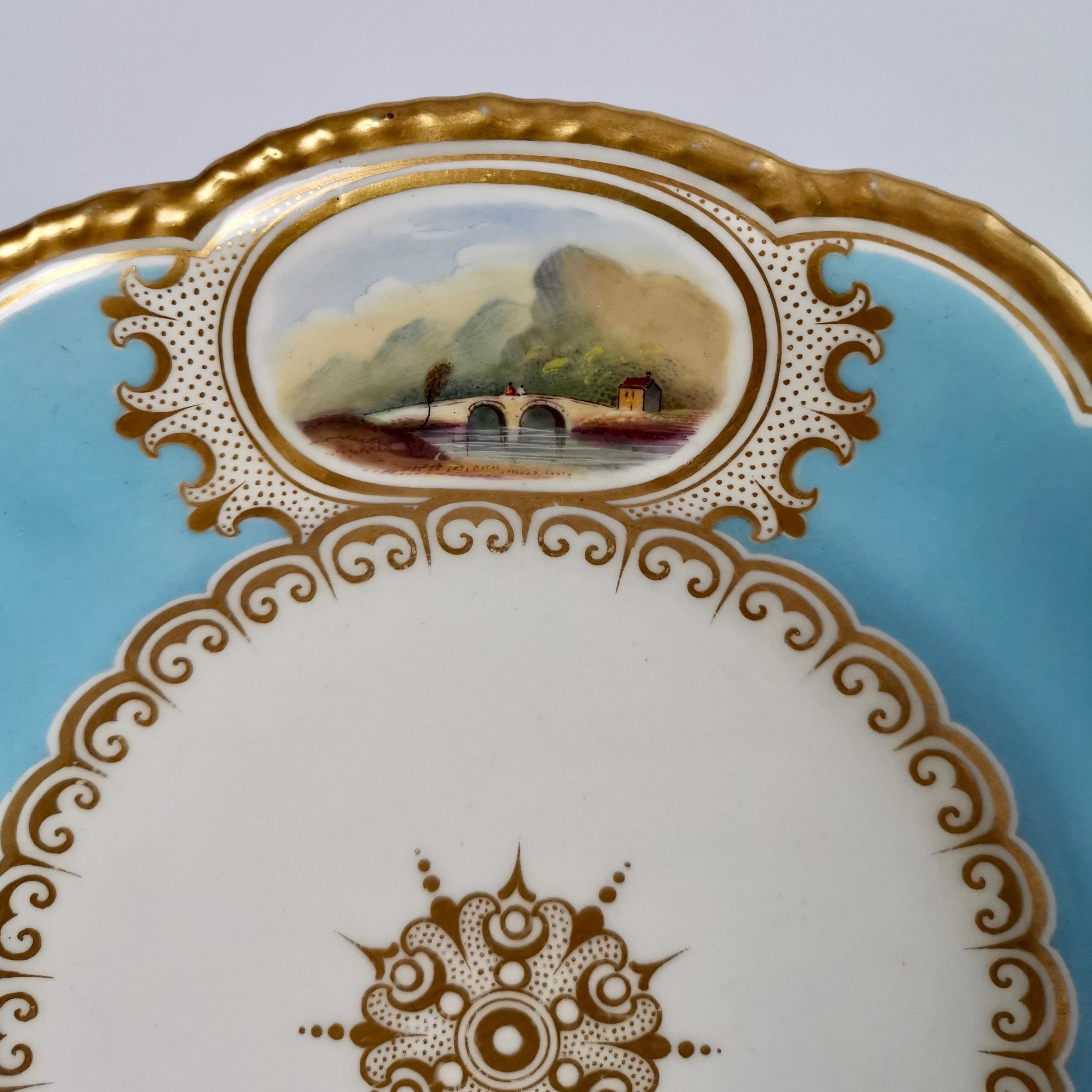 Hand-Painted Grainger Worcester Porcelain Plate, Sky Blue with Landscapes, Victorian