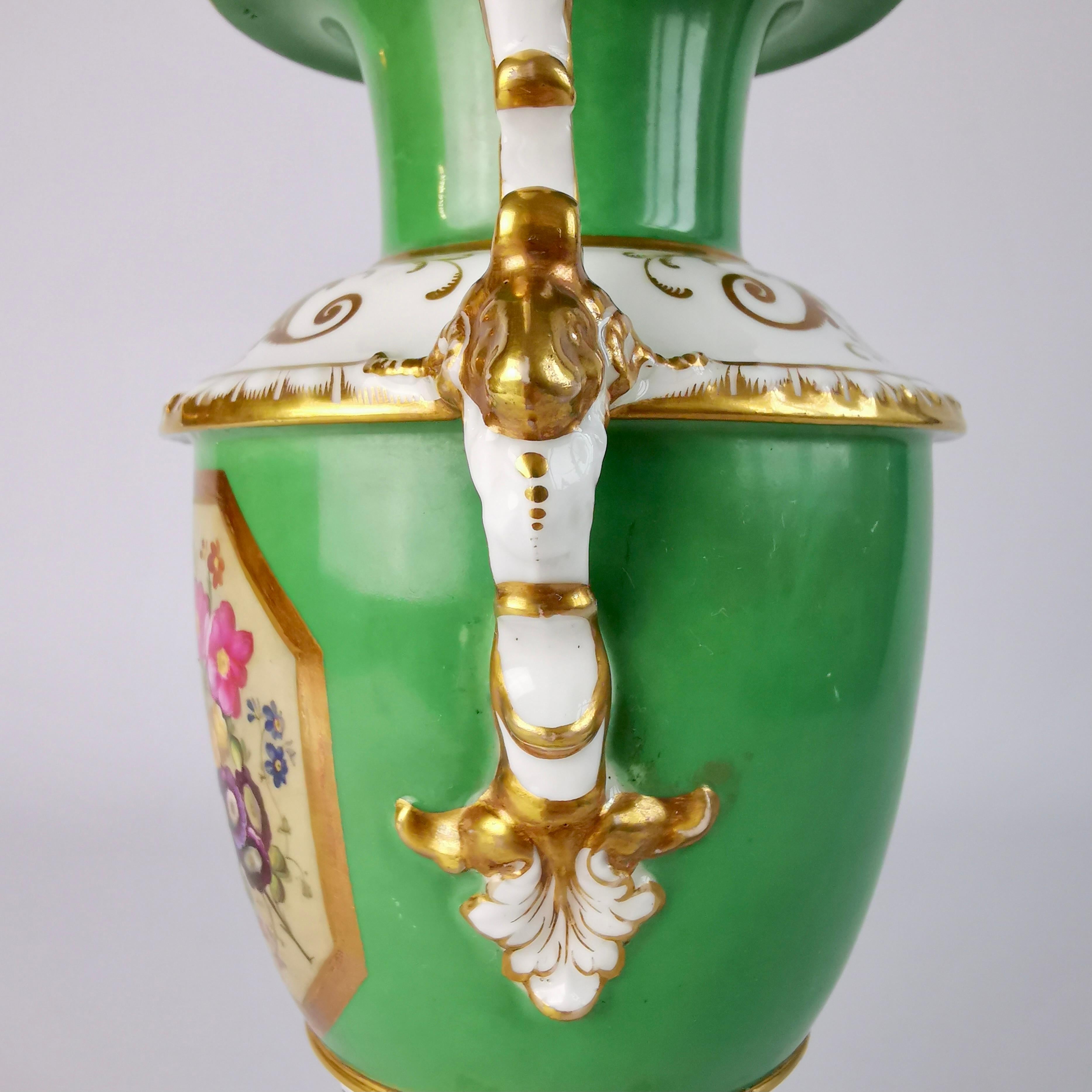 Minton Porcelain Vase, Elgin Shape, Green with Floral Reserve, 1830-1835 4