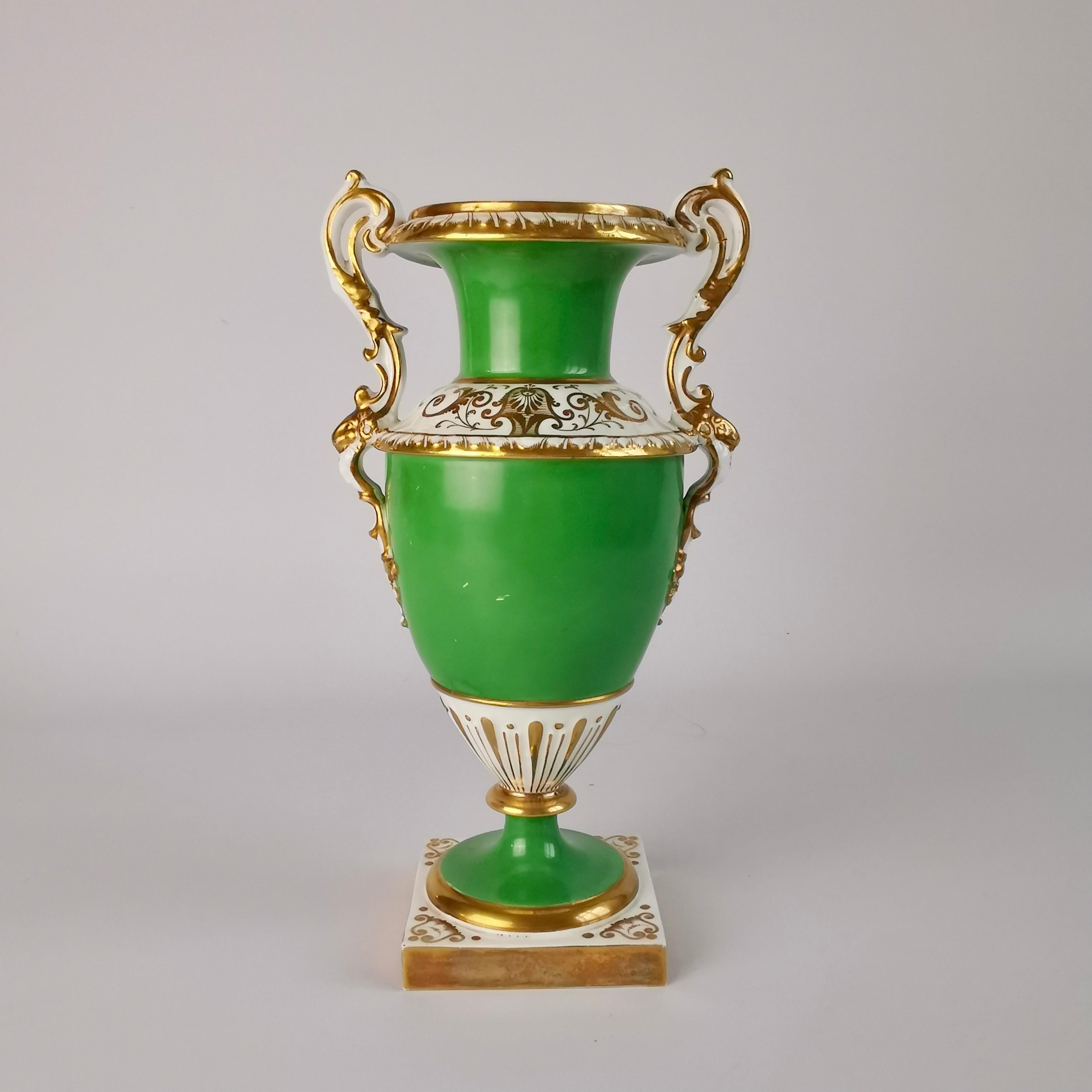 English Minton Porcelain Vase, Elgin Shape, Green with Floral Reserve, 1830-1835