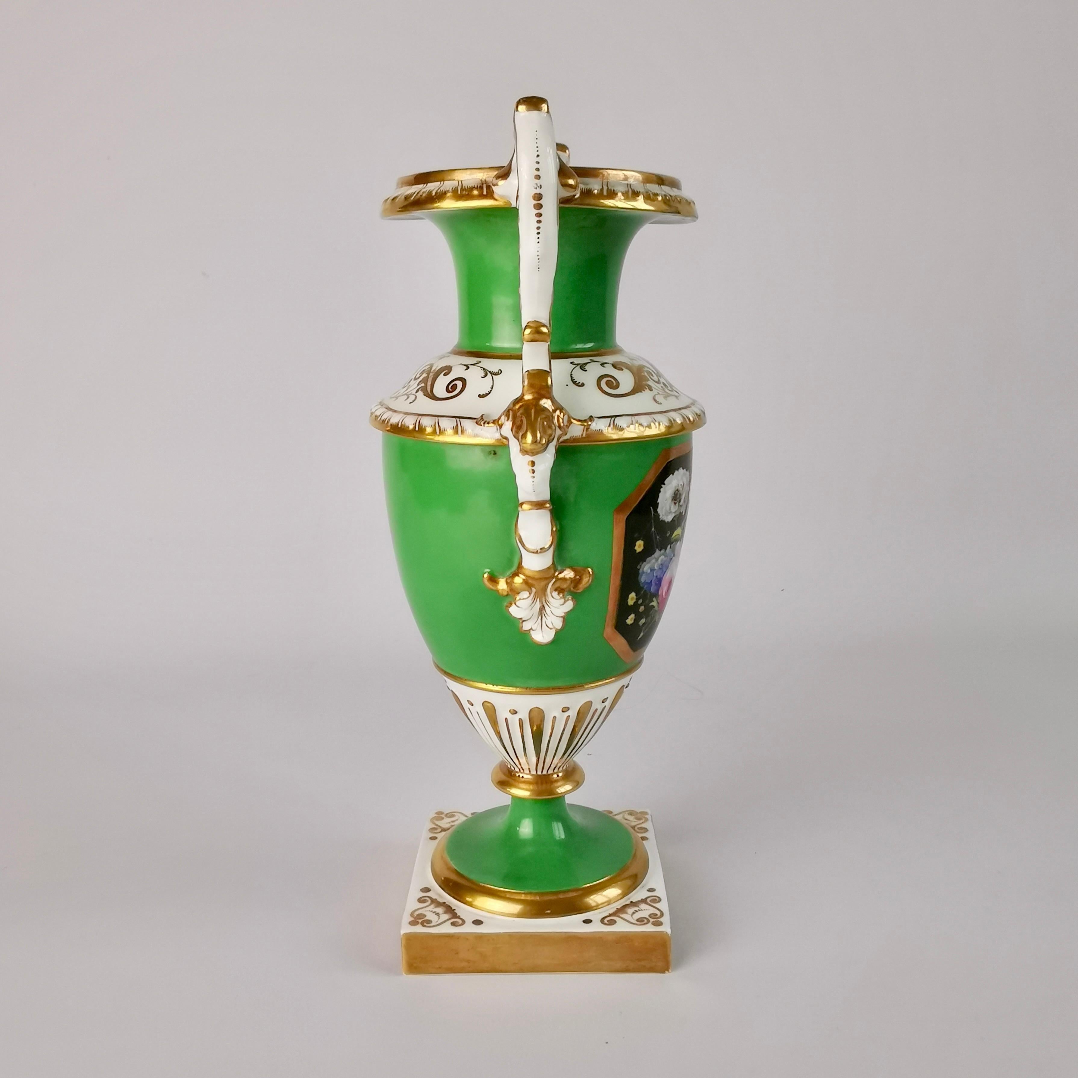 Hand-Painted Minton Porcelain Vase, Elgin Shape, Green with Floral Reserve, 1830-1835