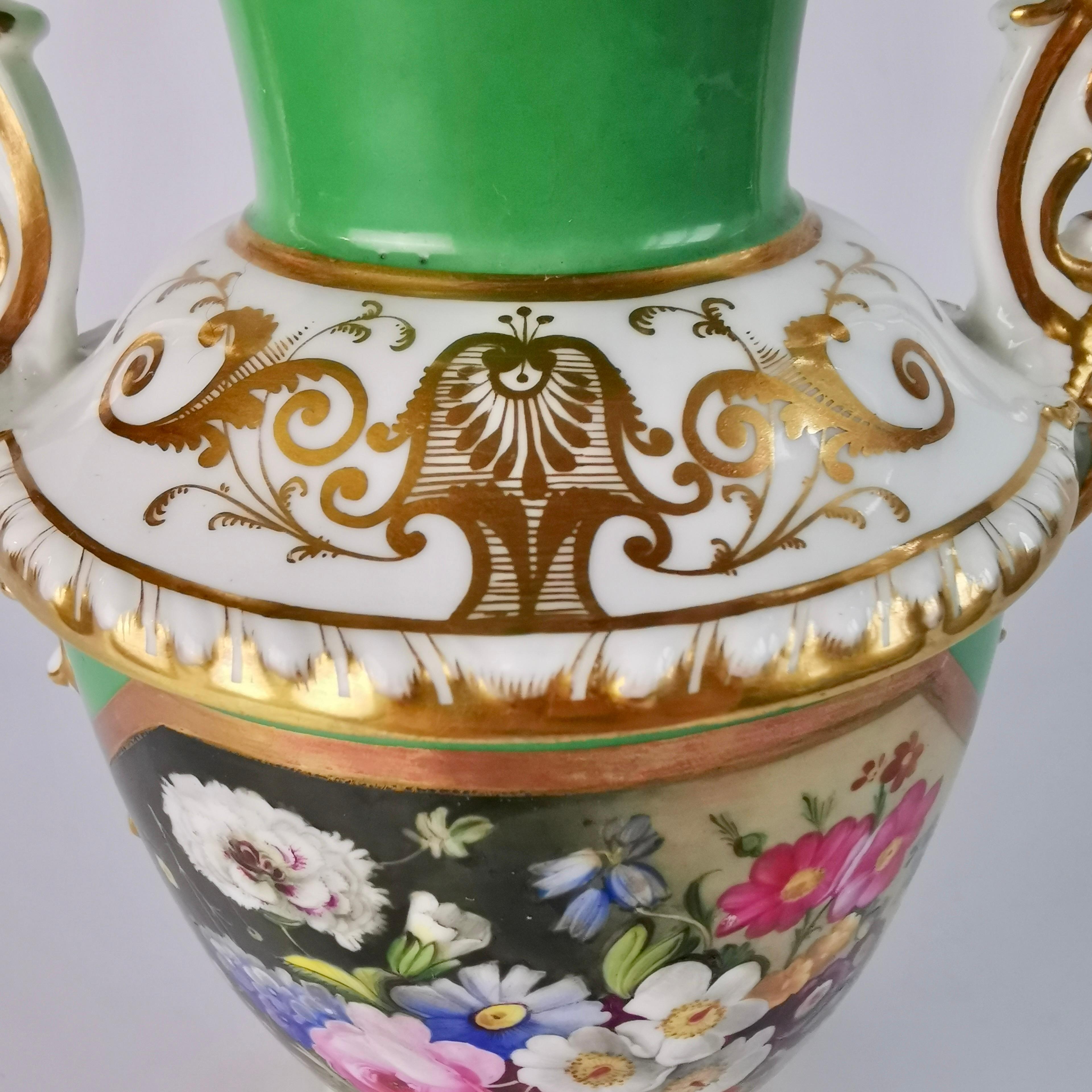 Mid-19th Century Minton Porcelain Vase, Elgin Shape, Green with Floral Reserve, 1830-1835