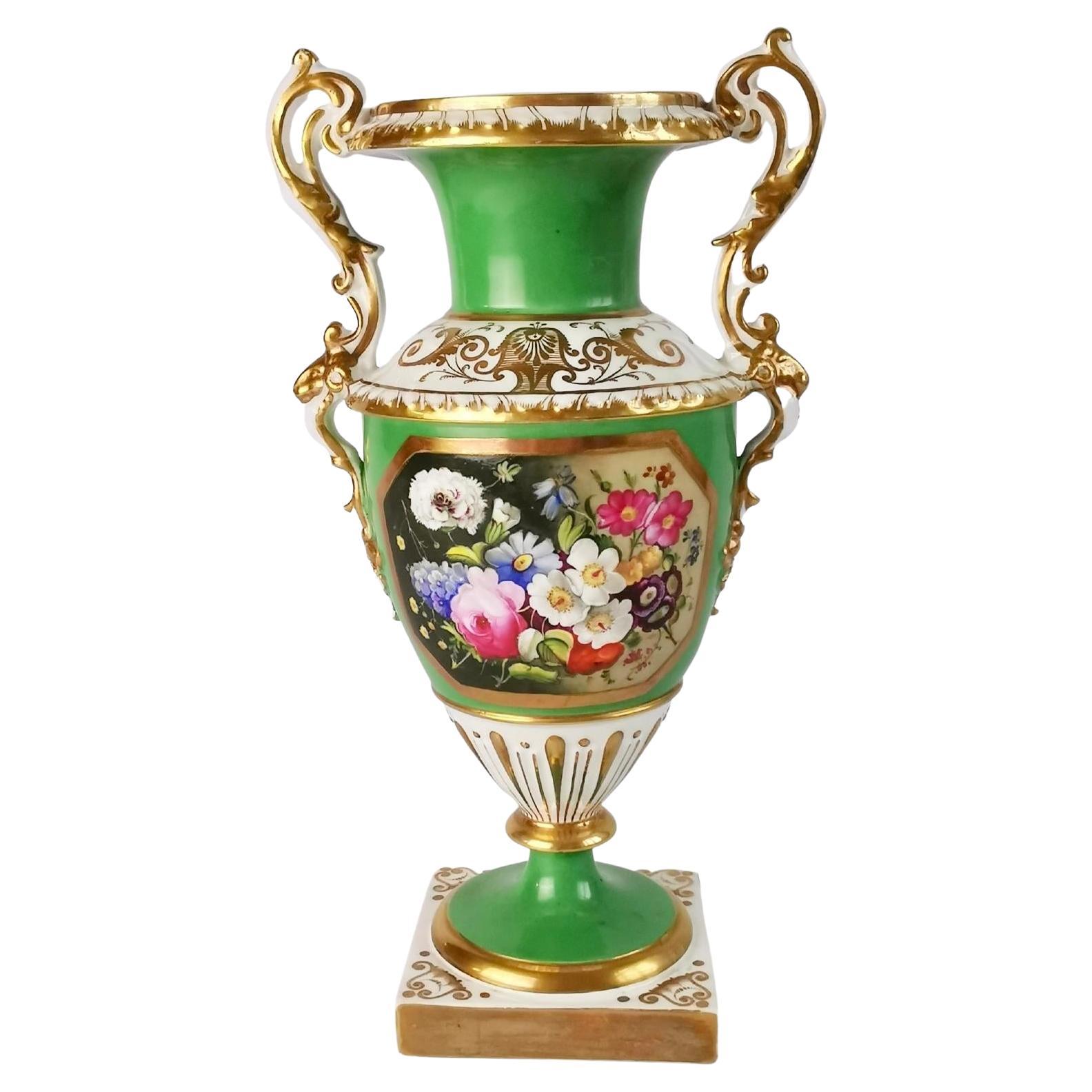 Minton Porcelain Vase, Elgin Shape, Green with Floral Reserve, 1830-1835