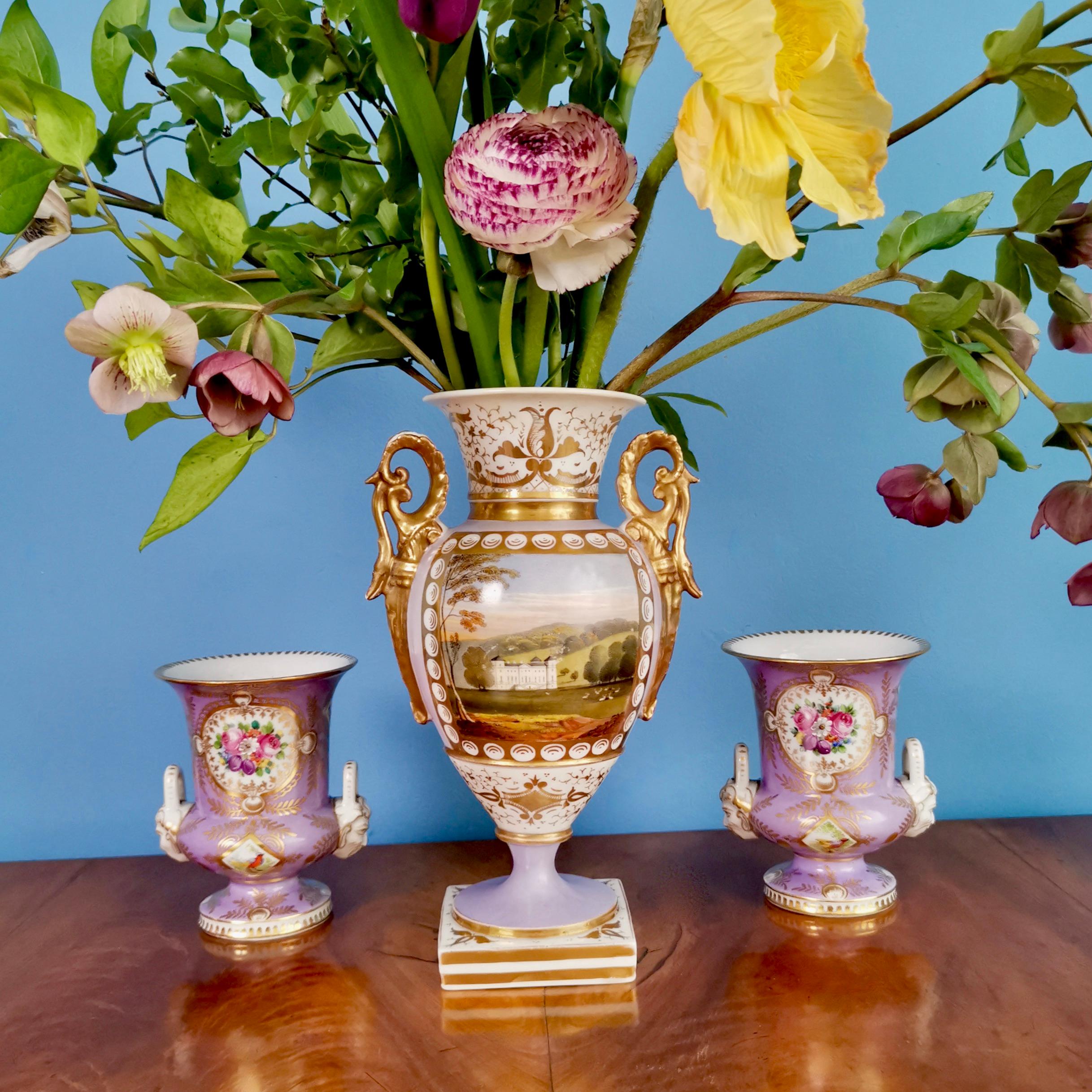 This is a stunning vase made by Grainger in Worcester around the year 1820. The vase is in the Empire or Regency style and has a lilac ground with a beautiful painting of a named view of Hagley in Worcestershire.

Grainger was one of the leading
