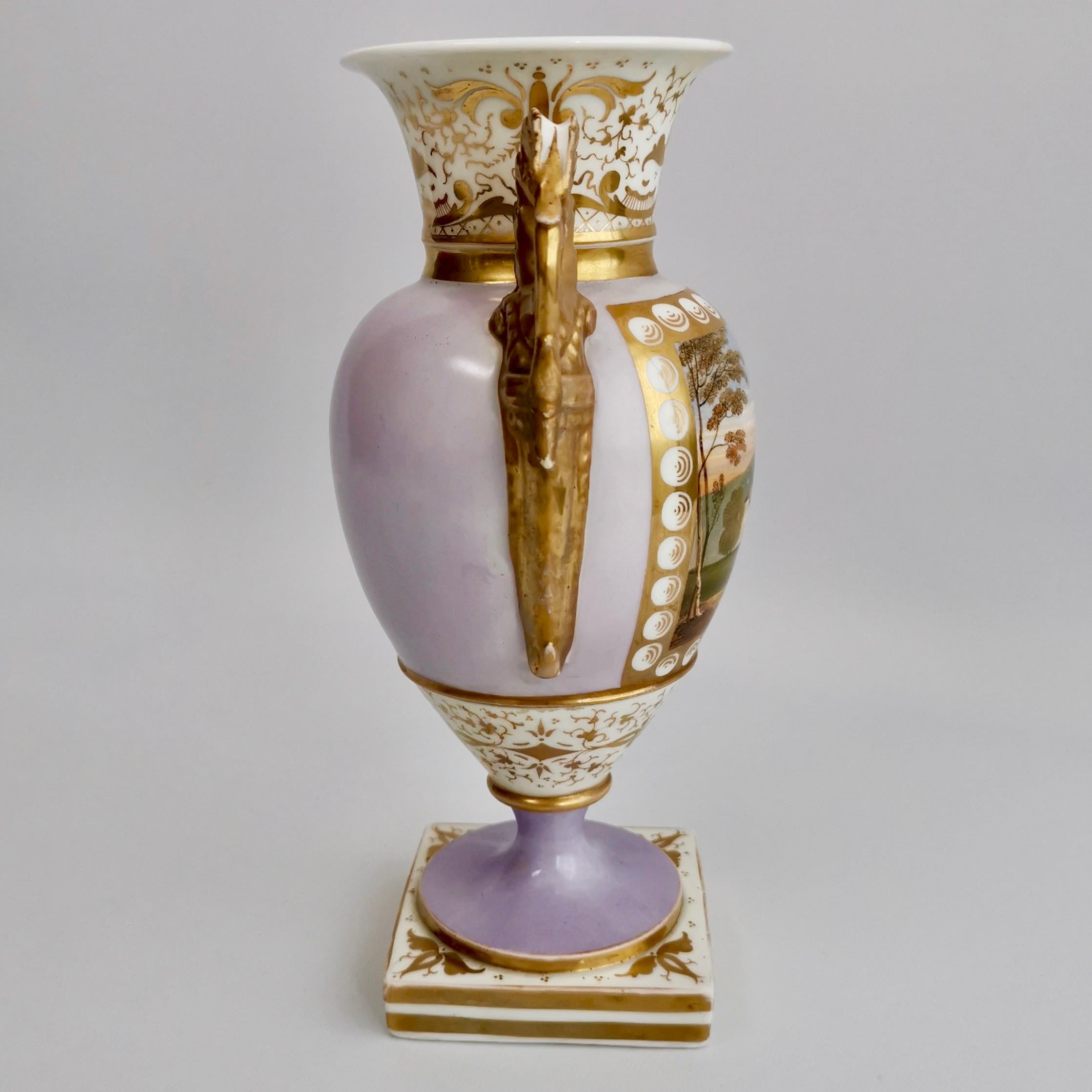 Hand-Painted Grainger Worcester Porcelain Vase, Lilac, View of Hagley, Regency Empire a 1820