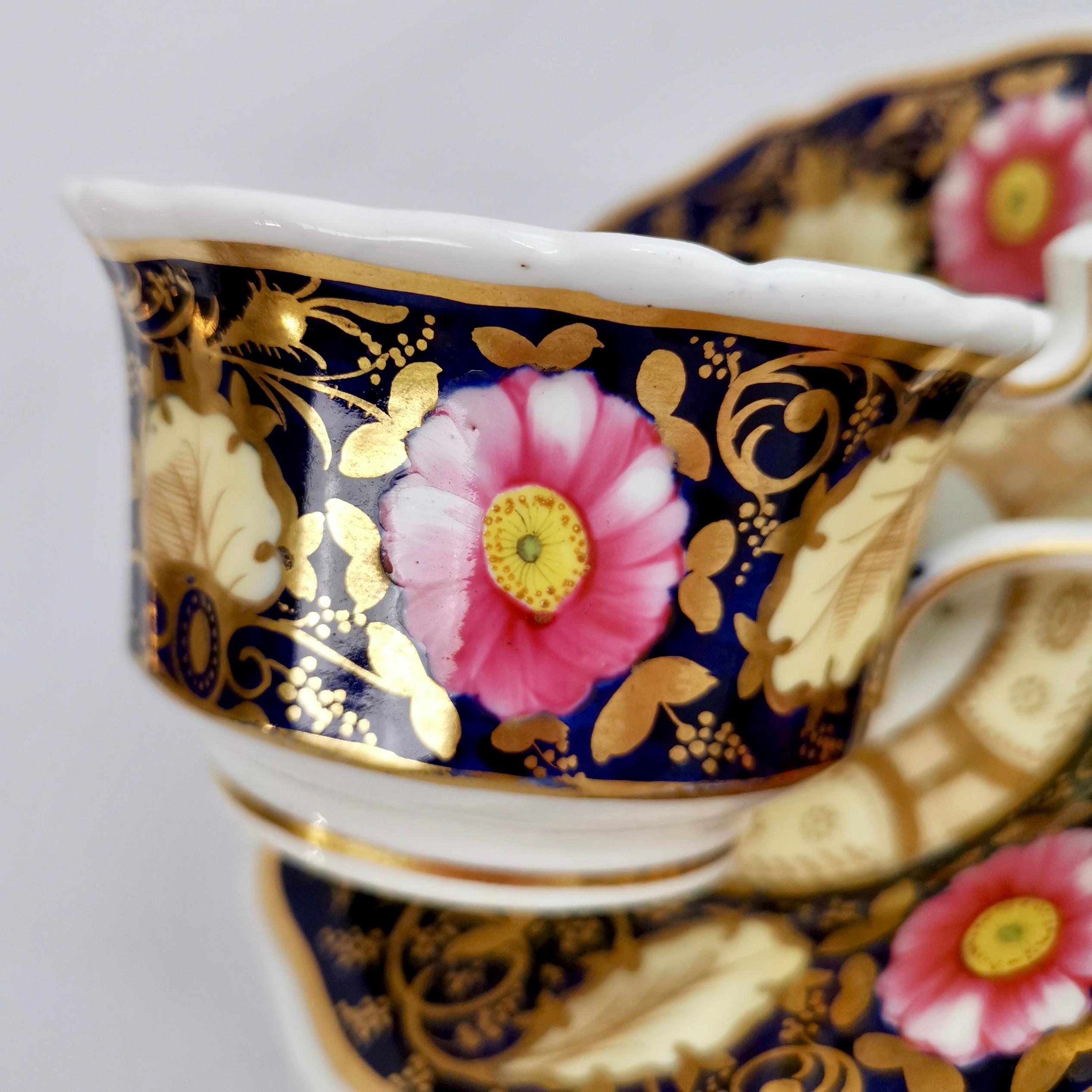Early 19th Century Grainger Worcester Teacup, Cobalt Blue with Pink Roses, Regency, circa 1825