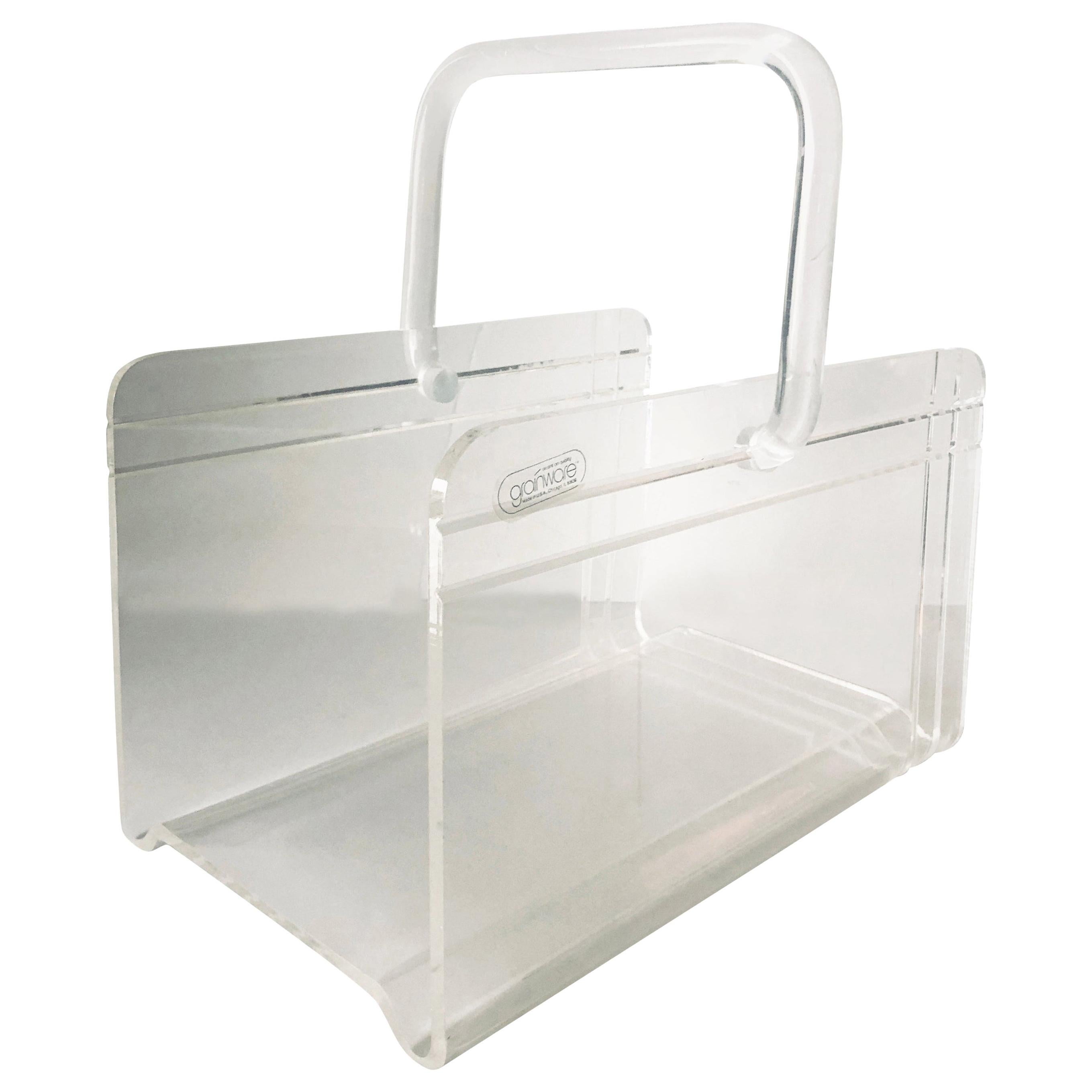 Grainware Clear Lucite or Acrylic Magazine Rack / Caddy / Holder with Handle For Sale