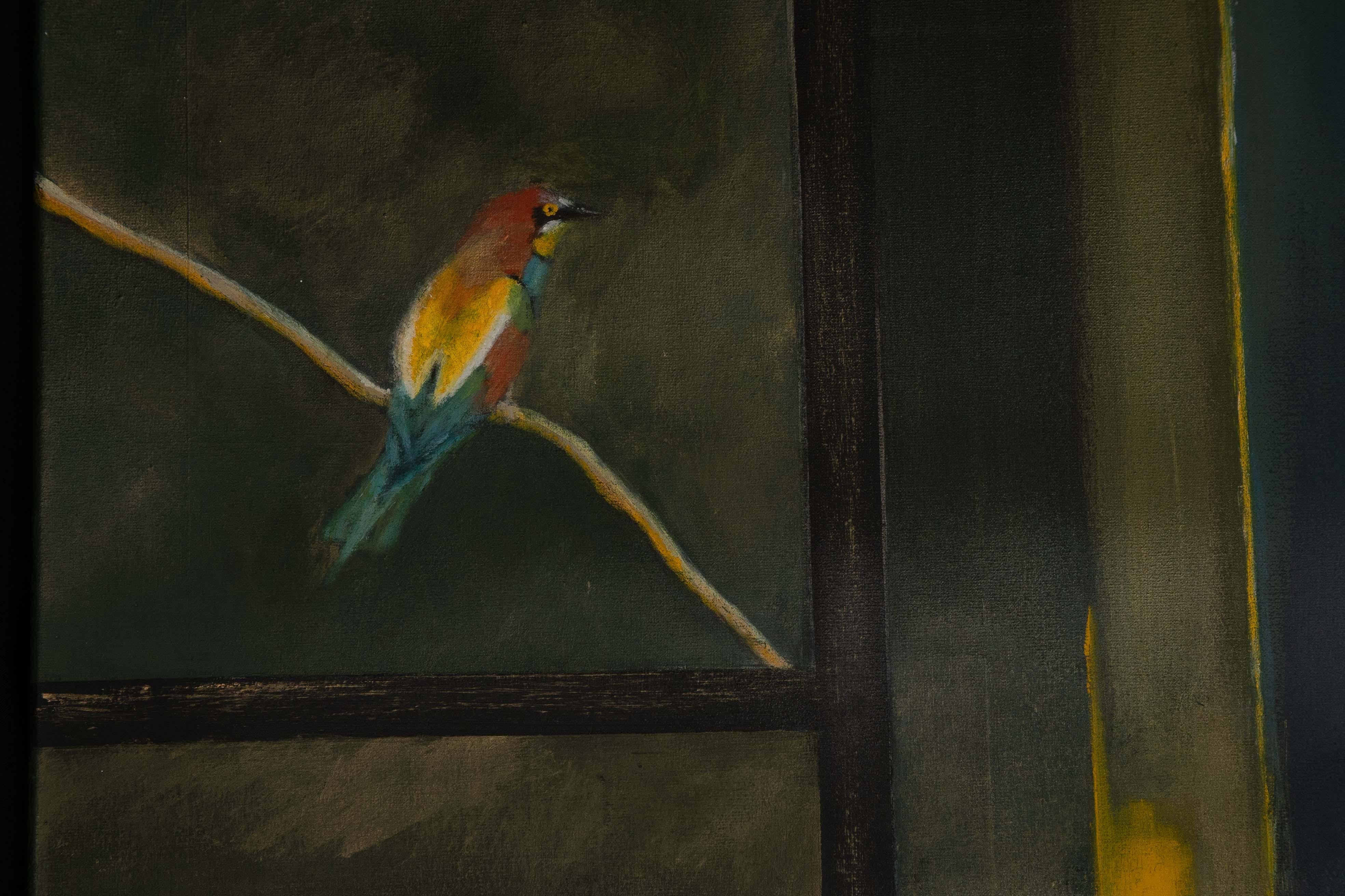 Oil on canvas painting of a man and a bird, called 'L'homme et l'oiseau' - Black Figurative Painting by Géraldine de Bellaing