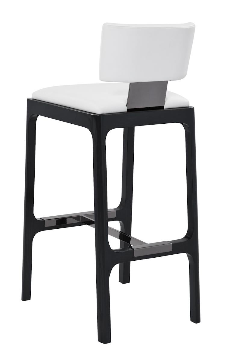 Plated Gramercy Bar Stool in White Leather with Americano Ash Frame by Powell & Bonnell For Sale