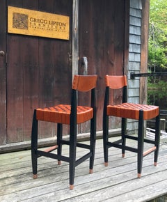 Gramercy Bar Stool with Wood Frame and Woven Leather Designed by Gregg Lipton