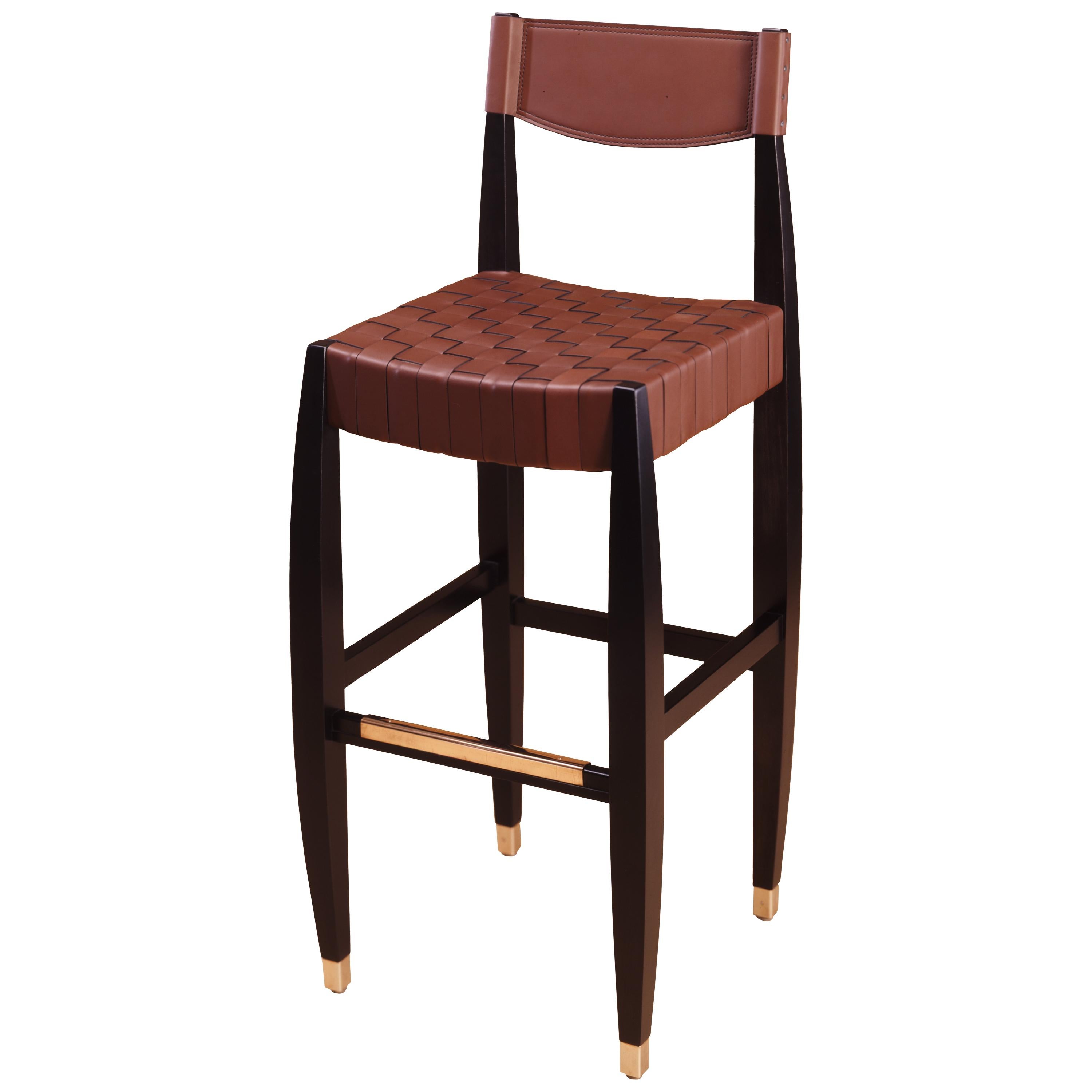 Gramercy Bar Stool with Wood Frame and Woven Leather Designed by Gregg Lipton For Sale