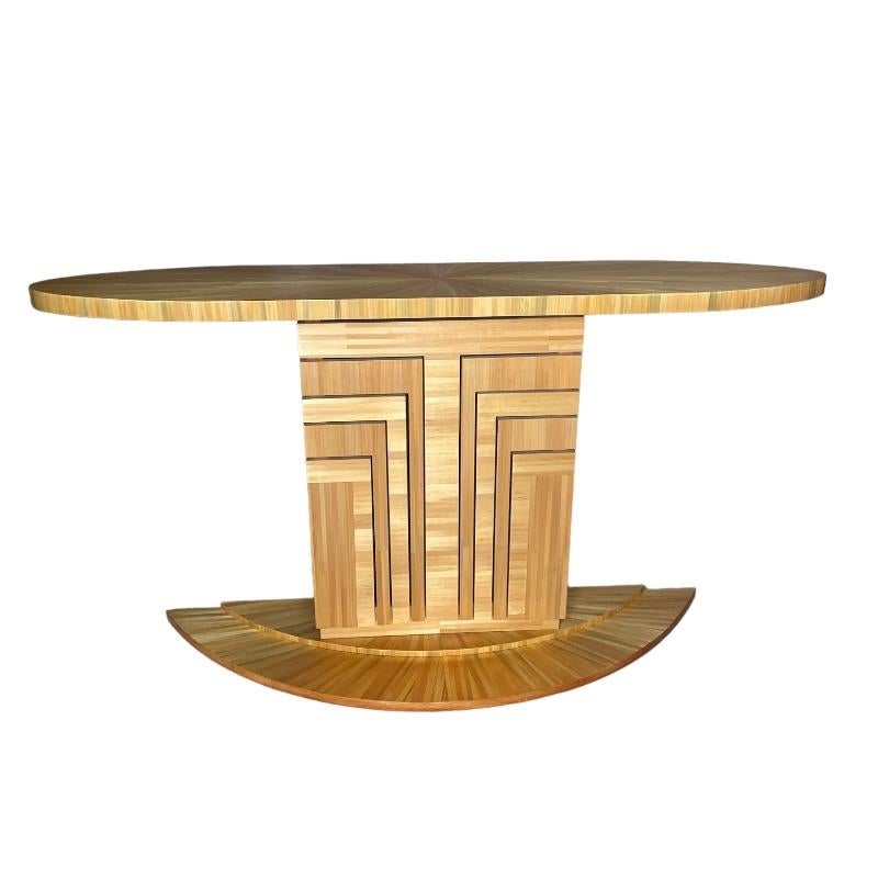 Large Art Deco-inspired straw marquetry console in straw marquetry unique piece designed and produced by Atelier d'art JC.