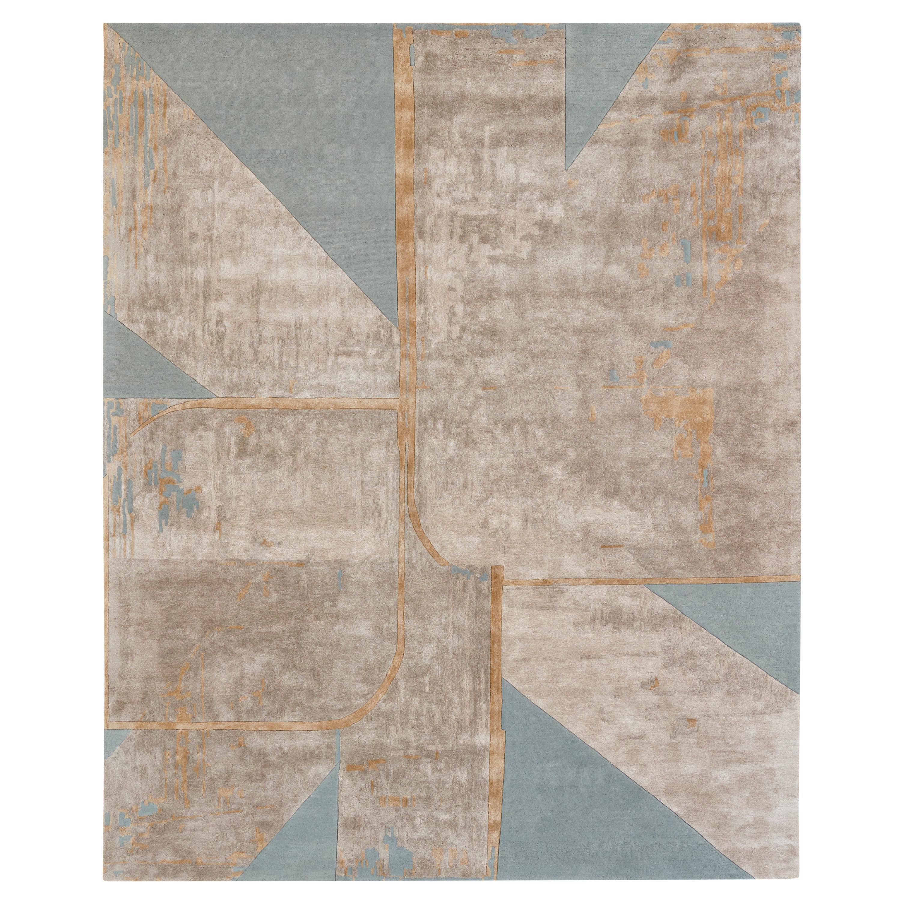 Grand tapis contemporain touffeté à la main, gris argenté et beige, couleurs or, par Hands