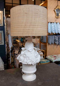 Large white ceramic lamp with embossed fruit and flowers, Spain