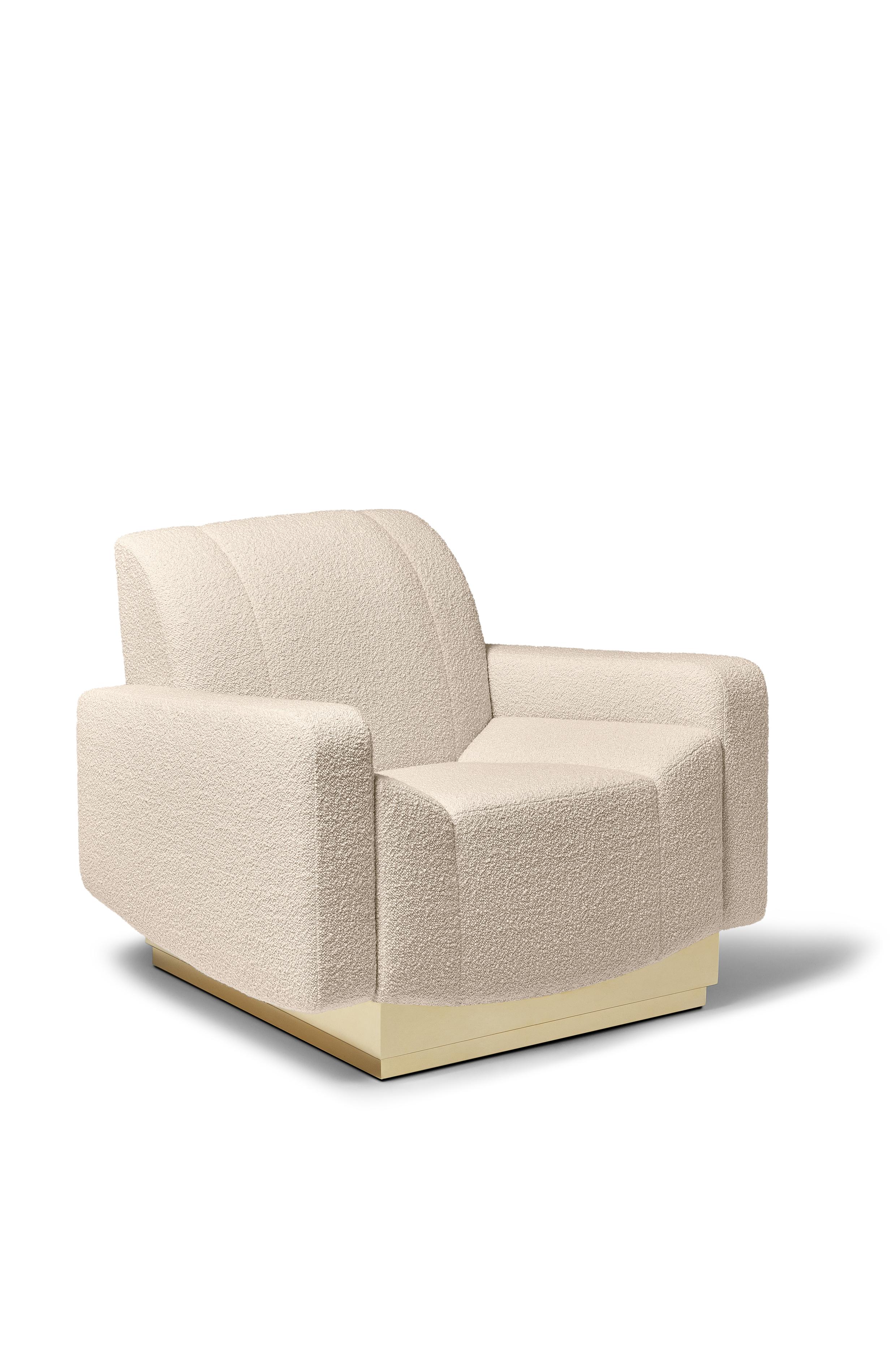 Gran Torino Armchair by Munna
Dimensions: D 96 x W 108 x H 85 cm. SH: 47 cm.
Materials: Wood, foam, and upholstery.
Finish: Bouclé Wool, COM, and polished brass.

Available in all Munna fabrics except Wild Silk. Available in client’s own material.
