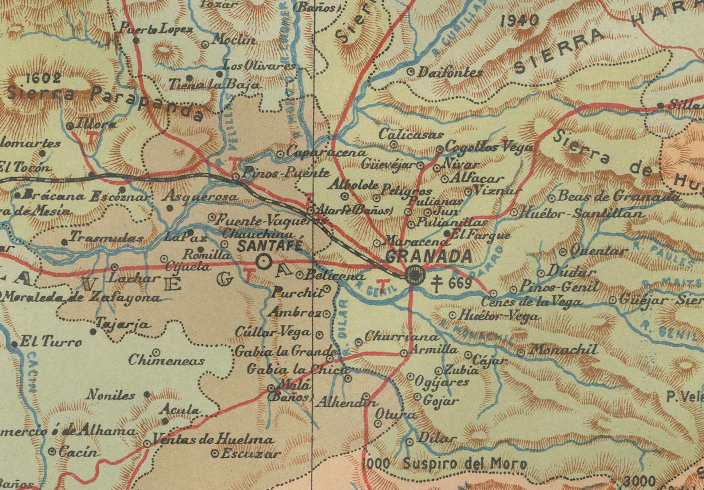 This original antique map depicts the province of Granada, part of the autonomous community of Andalusia in southern Spain, as of 1902. The map features several important details:

It shows the diverse terrain of Granada, including the Sierra