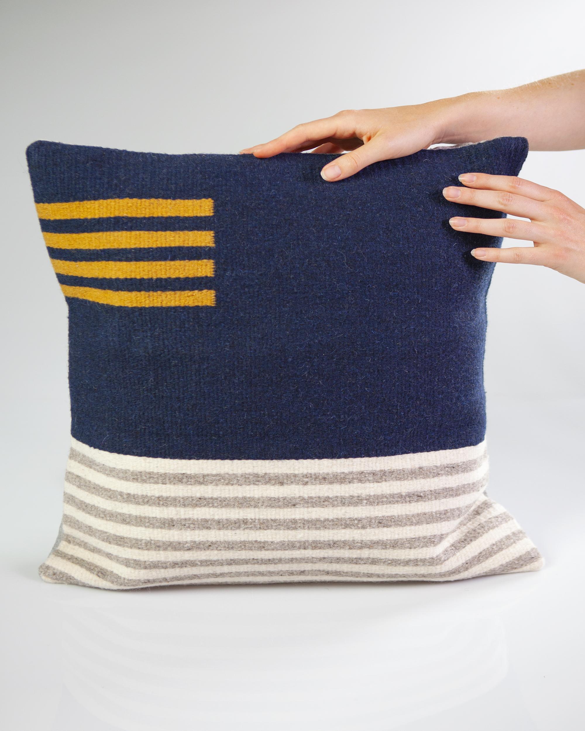 Mexican Granada i Navy Gray and Yellow Striped Wool Boho Throw Pillow, in Stock For Sale