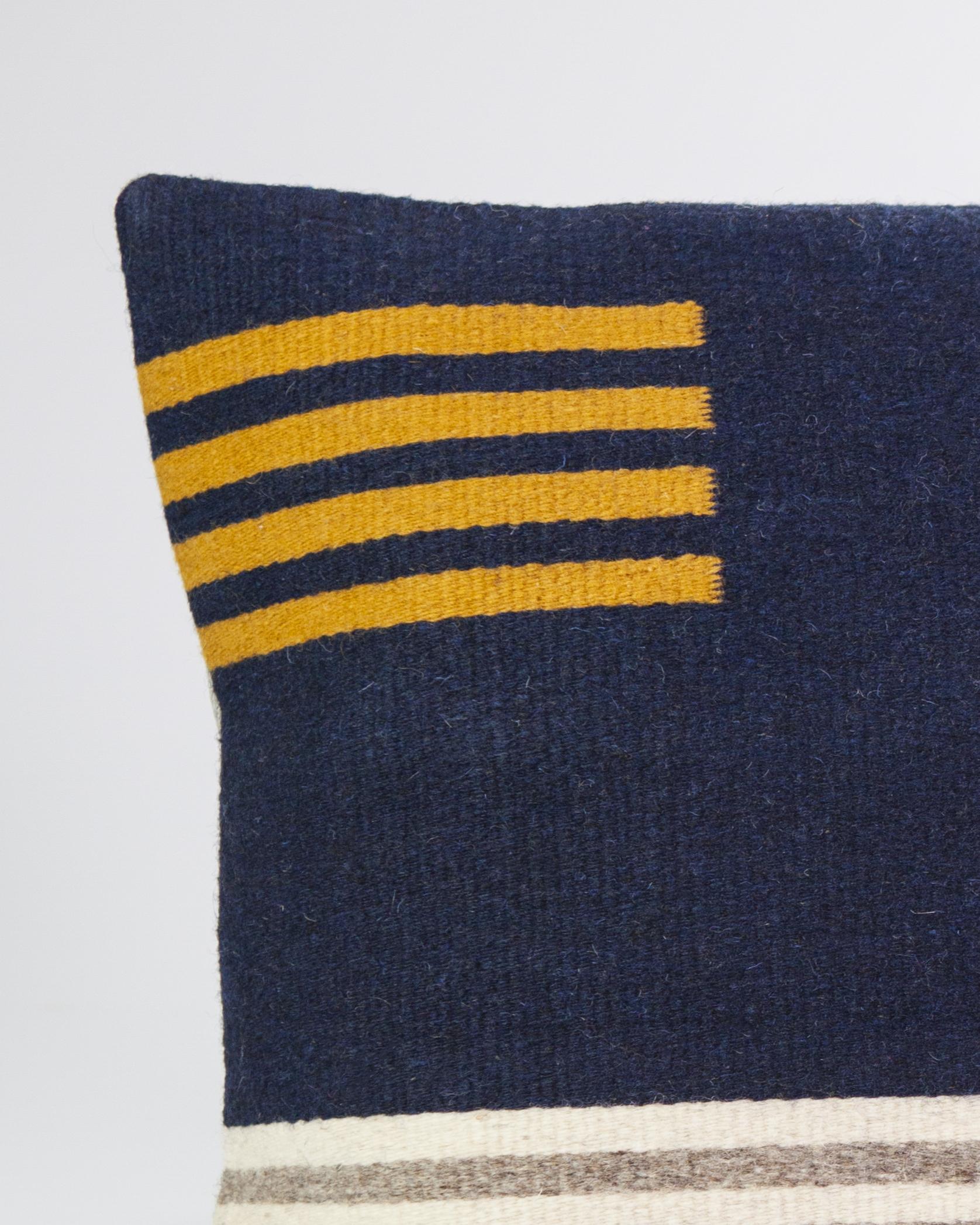 Hand-Woven Granada i Navy Gray and Yellow Striped Wool Boho Throw Pillow, in Stock For Sale