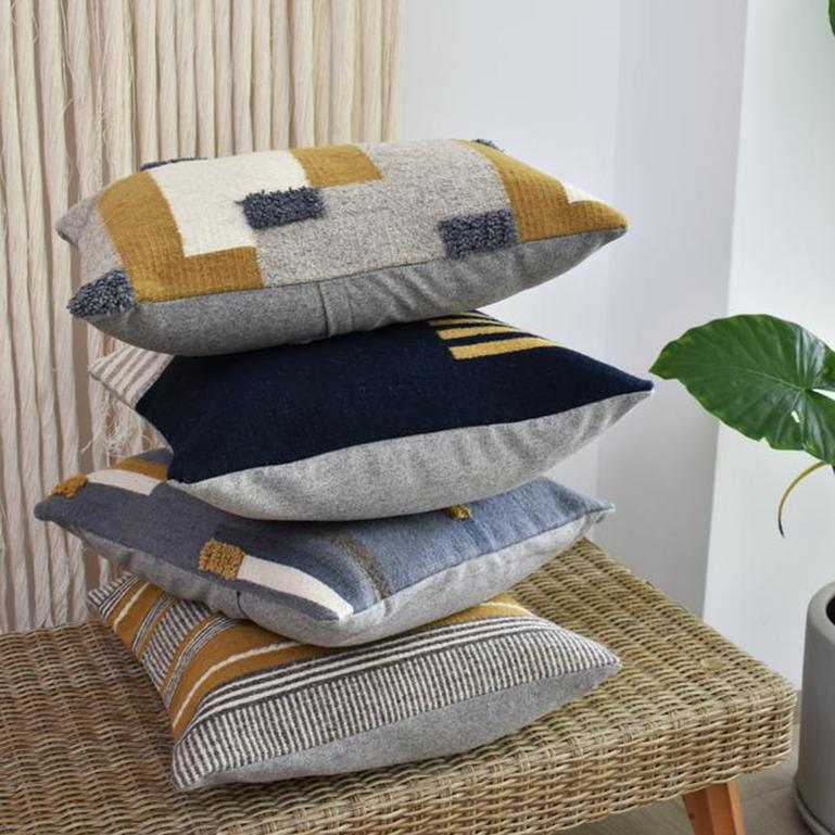 Granada i Navy Gray and Yellow Striped Wool Boho Throw Pillow, in Stock In New Condition For Sale In West Hollywood, CA
