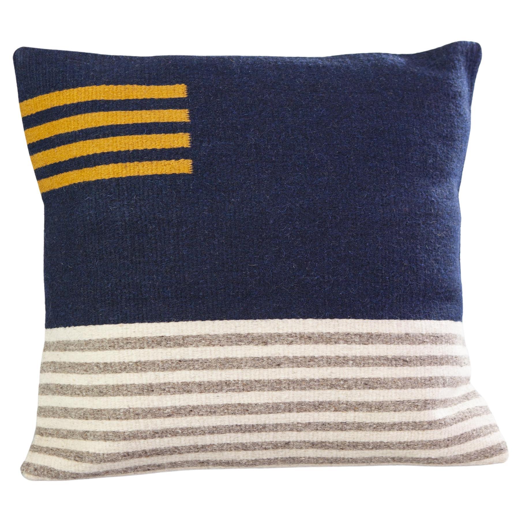 Granada i Navy Gray and Yellow Striped Wool Boho Throw Pillow, in Stock For Sale