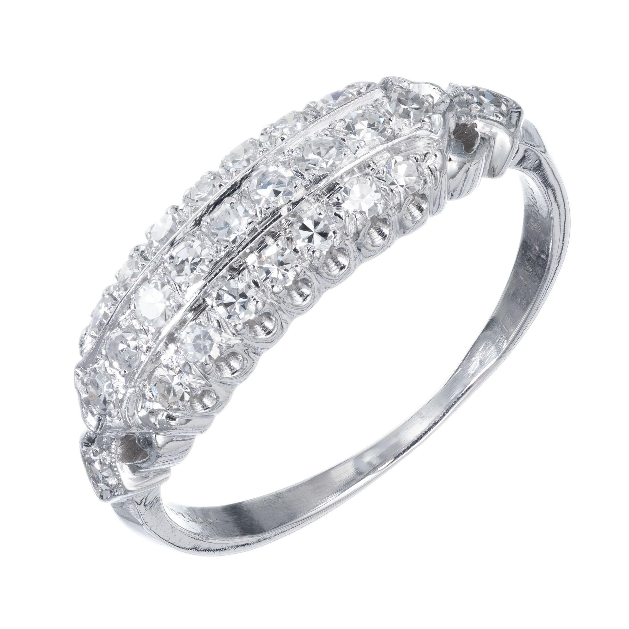 1930's Granat Brothers domed three row single cut diamond wedding band, set in platinum. 

25 single cut diamonds G VS-SI, approx. .30cts
Size 6.5 and sizable
Platinum 
Stamped: PLAT
Hallmark: Granat Bros
3.9 grams
Width at top: 5.9mm
Height at top: