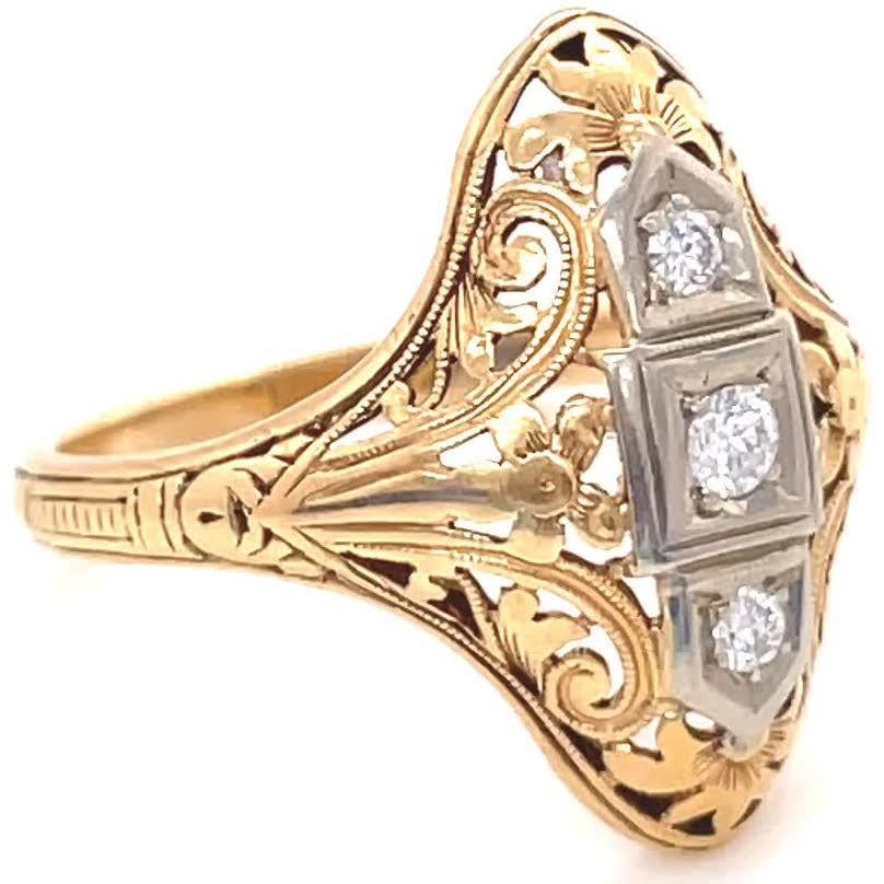 Round Cut Granat Brothers Art Deco Diamond Gold Three-Stone Navette Ring