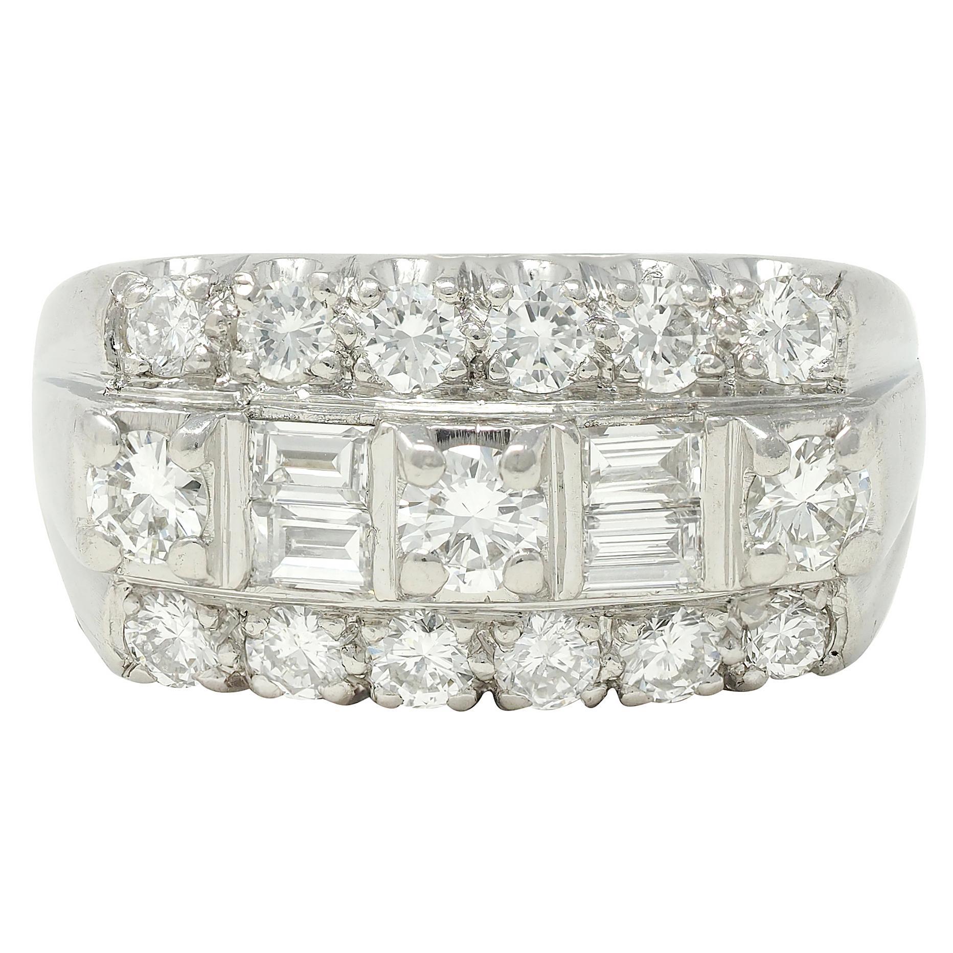 Granat Mid-Century 1.55 CTW Diamond Platinum Vintage Three Row Band Ring
