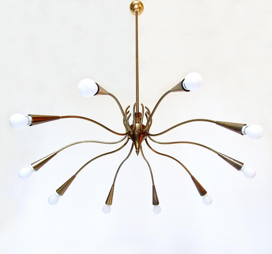 An large and impressive 1950s Italian spider chandelier in brass, attributed to Oscar Torlasco.

It has ten graceful arms, each curving dramatically upwards at the center. 

The stem is 110cm long. For lower ceilings this chandelier can be flush