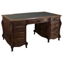 Grand 19th Century French Louis XIV Walnut Carved Partner's Desk