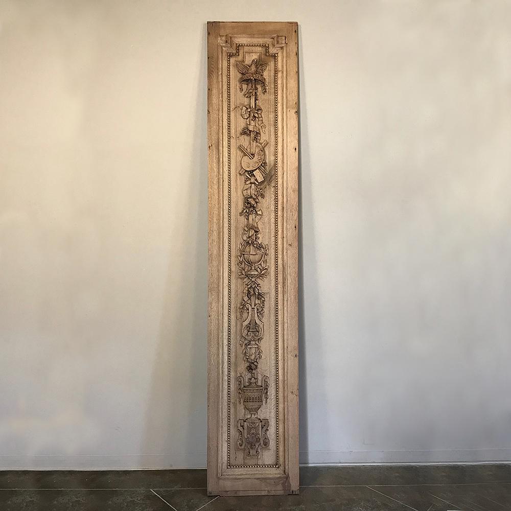 This grand 19th century French Louis XVI hand-carved oak panel is over nine feet tall!  Incorporate it into a decorative architectural feature, or just hang on the wall to makes a great choice for dramatic style to any narrow space!  Hand-sculpted