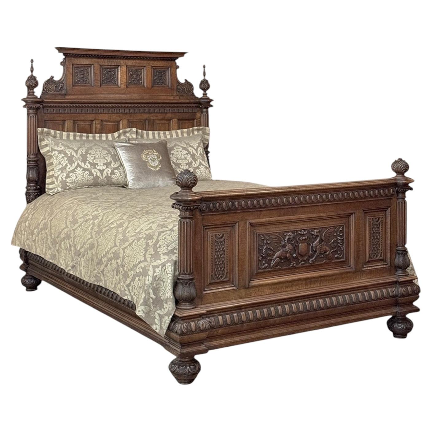 Grand 19th Century French Walnut Renaissance Revival Queen Bed