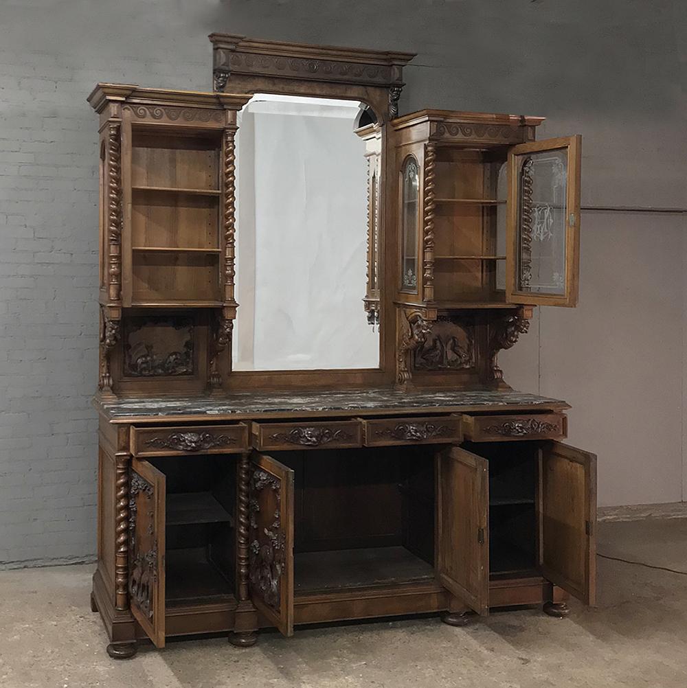 Hand-Carved Grand 19th Century Italian Renaissance Walnut Marble Top Two-Tiered Hunt Buffet