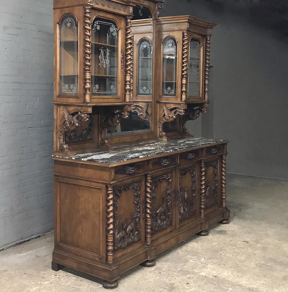 Grand 19th Century Italian Renaissance Walnut Marble Top Two-Tiered Hunt Buffet In Good Condition In Dallas, TX